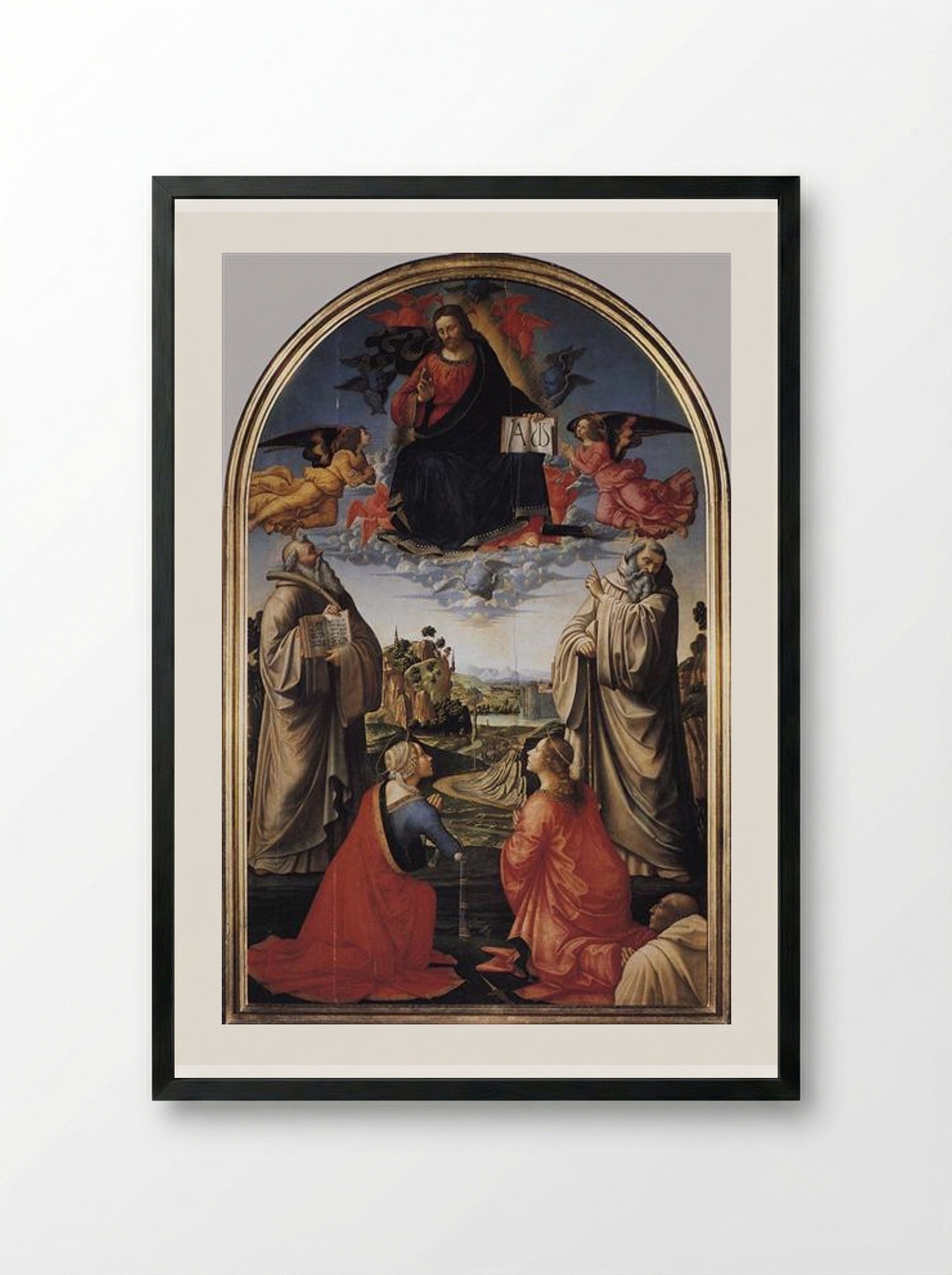 Christ in Glory with St. Benedict, St. Romuald, St. Attinia, St. Grecinia and the donor, abbot Buonvicini - Domenico Ghirlandaio - Framed Print Black