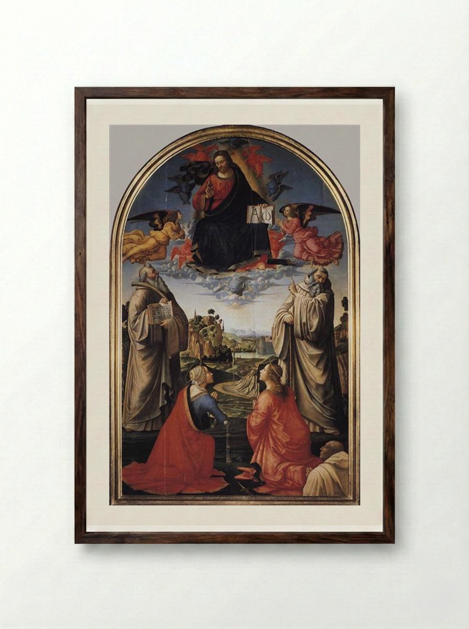 Christ in Glory with St. Benedict, St. Romuald, St. Attinia, St. Grecinia and the donor, abbot Buonvicini - Domenico Ghirlandaio - Framed Print Dark Wood
