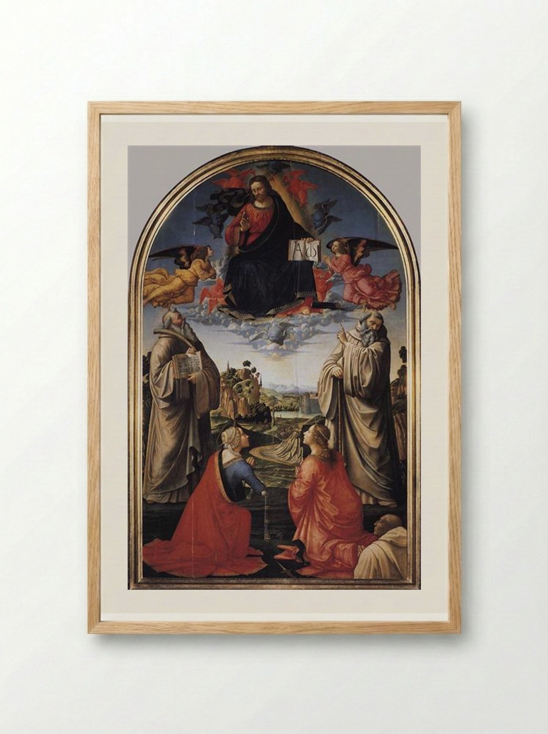 Christ in Glory with St. Benedict, St. Romuald, St. Attinia, St. Grecinia and the donor, abbot Buonvicini - Domenico Ghirlandaio - Framed Print Wood
