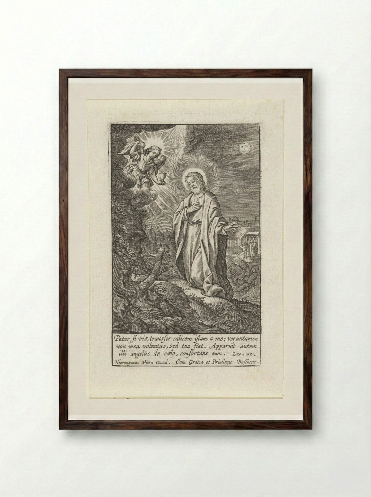 Christ in the Garden of Gethsemane - Hieronymus Wierix - Framed Print Dark Wood