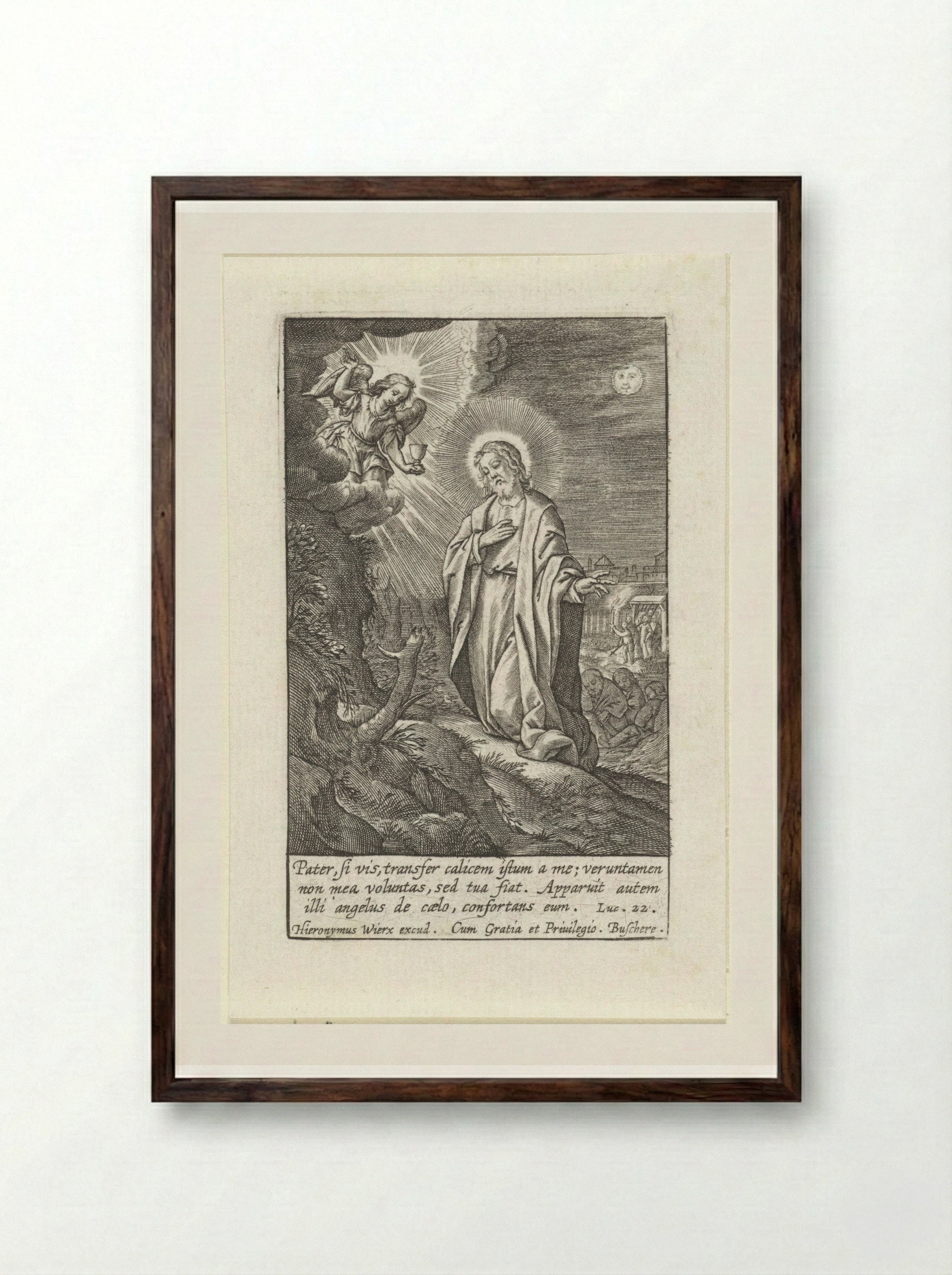 Christ in the Garden of Gethsemane - Hieronymus Wierix - Framed Print Dark Wood