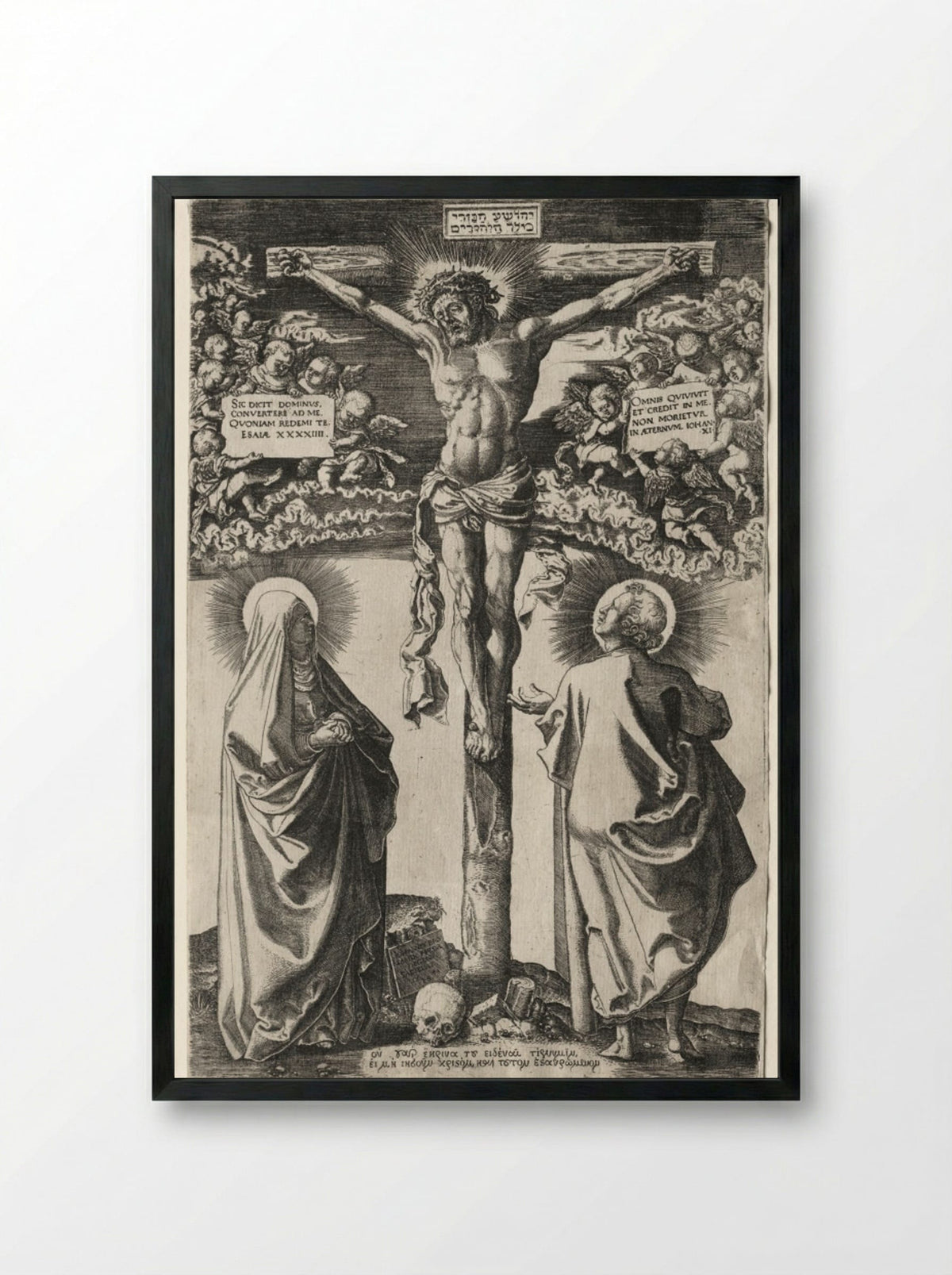 Christ on the Cross between the Virgin and St. John - Hans Brosamer - Framed Print Black