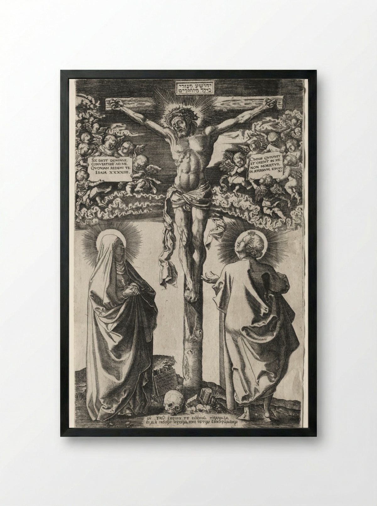 Christ on the Cross between the Virgin and St. John - Hans Brosamer - Framed Print Black