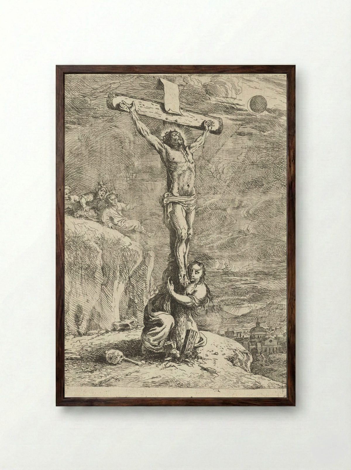 Christ on the Cross with Mary Magdalene - Louis de Deyster - Framed Print Dark Wood