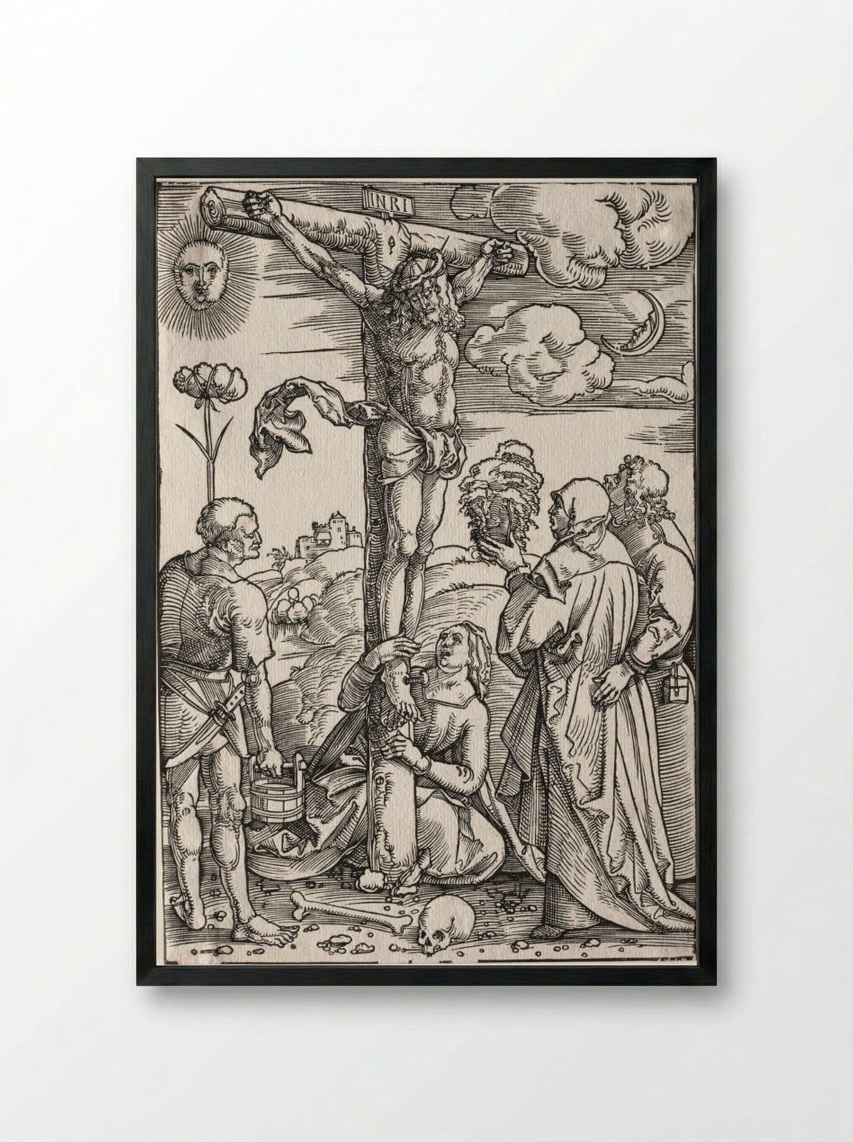 Christ on the Cross with Mary, St. John, Mary Magdalen and St. Stephen - Hans Baldung - Framed Print Black