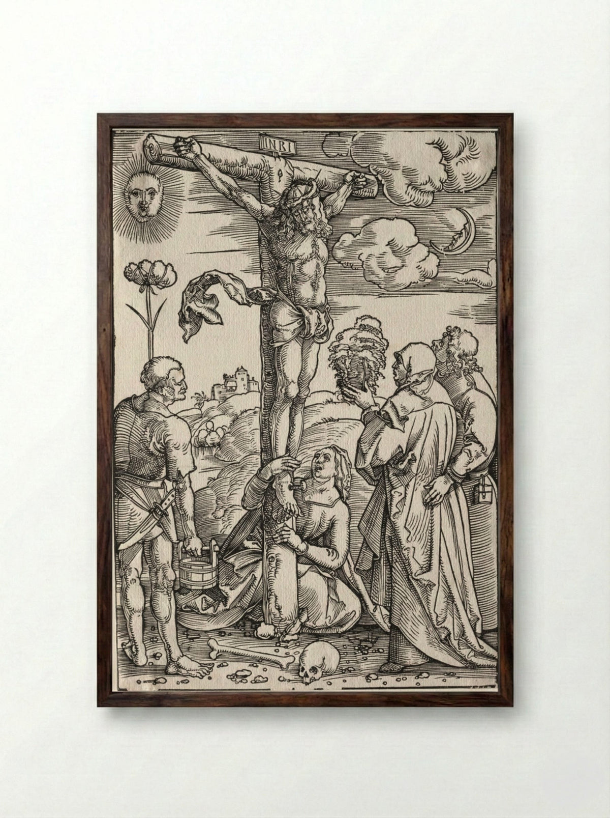 Christ on the Cross with Mary, St. John, Mary Magdalen and St. Stephen - Hans Baldung - Framed Print Dark Wood