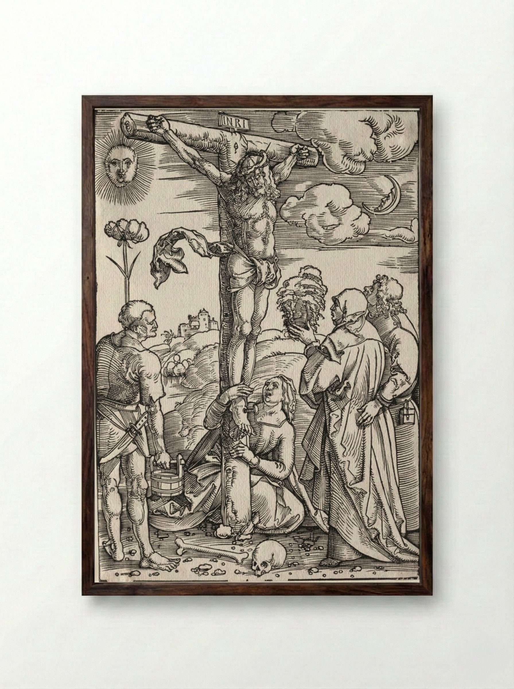 Christ on the Cross with Mary, St. John, Mary Magdalen and St. Stephen - Hans Baldung - Framed Print Dark Wood