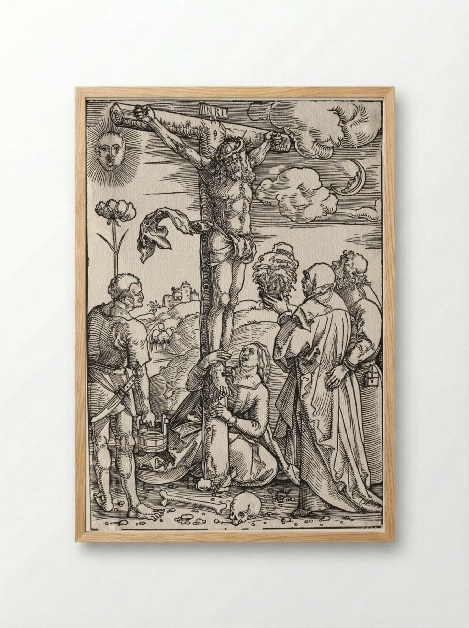 Christ on the Cross with Mary, St. John, Mary Magdalen and St. Stephen - Hans Baldung - Framed Print Wood