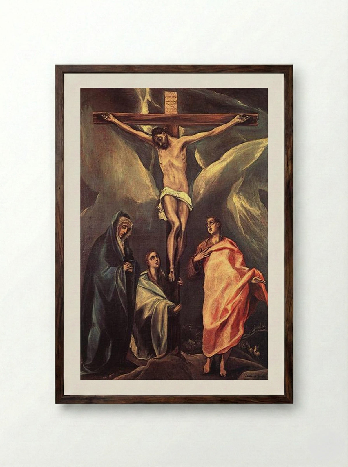 Christ on the Cross with the Virgin, Saint John, and Mary Magdalene - El Greco - Framed Print Dark Wood