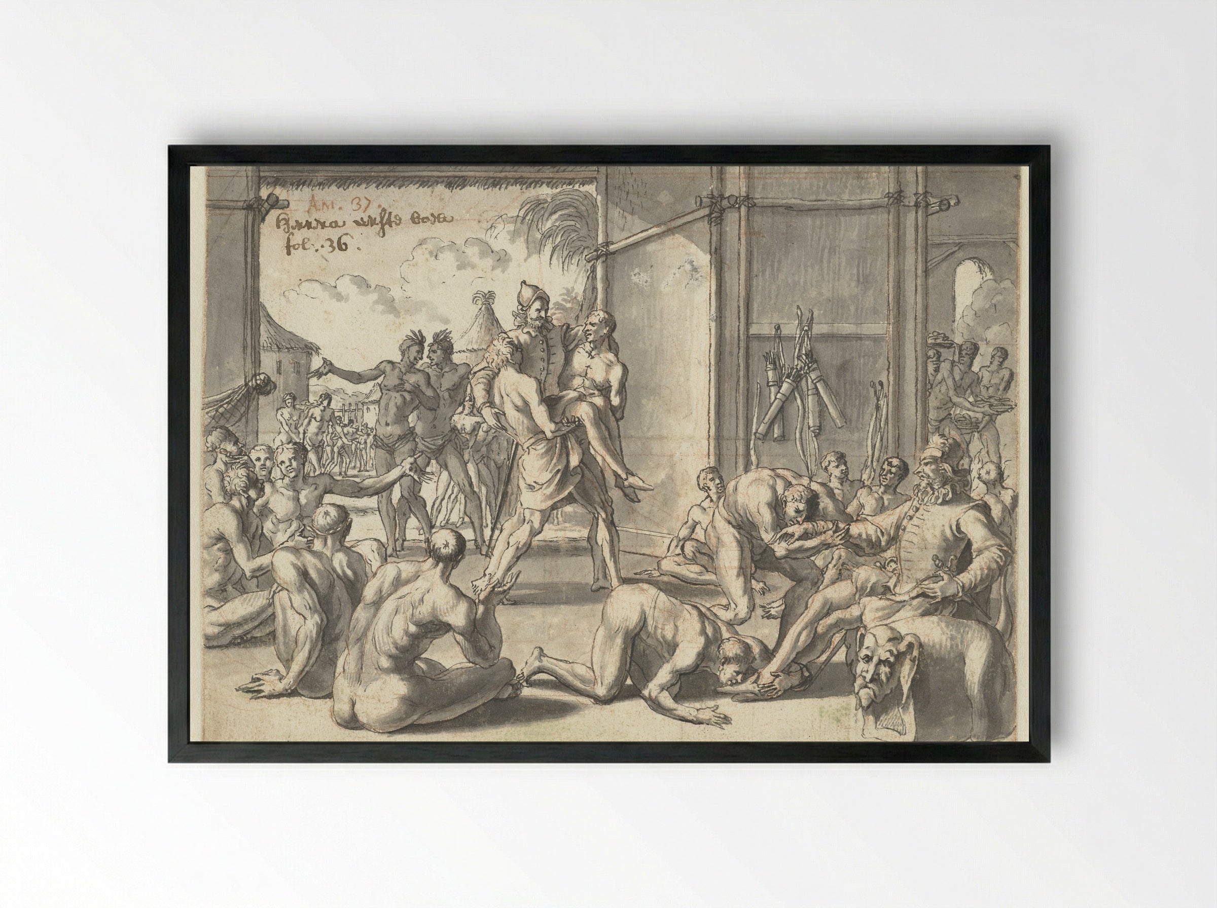 Christoffel Columbus wordt ontvangen door oorspronkelijke Amerikanen - Jan Goeree - Framed Print Black