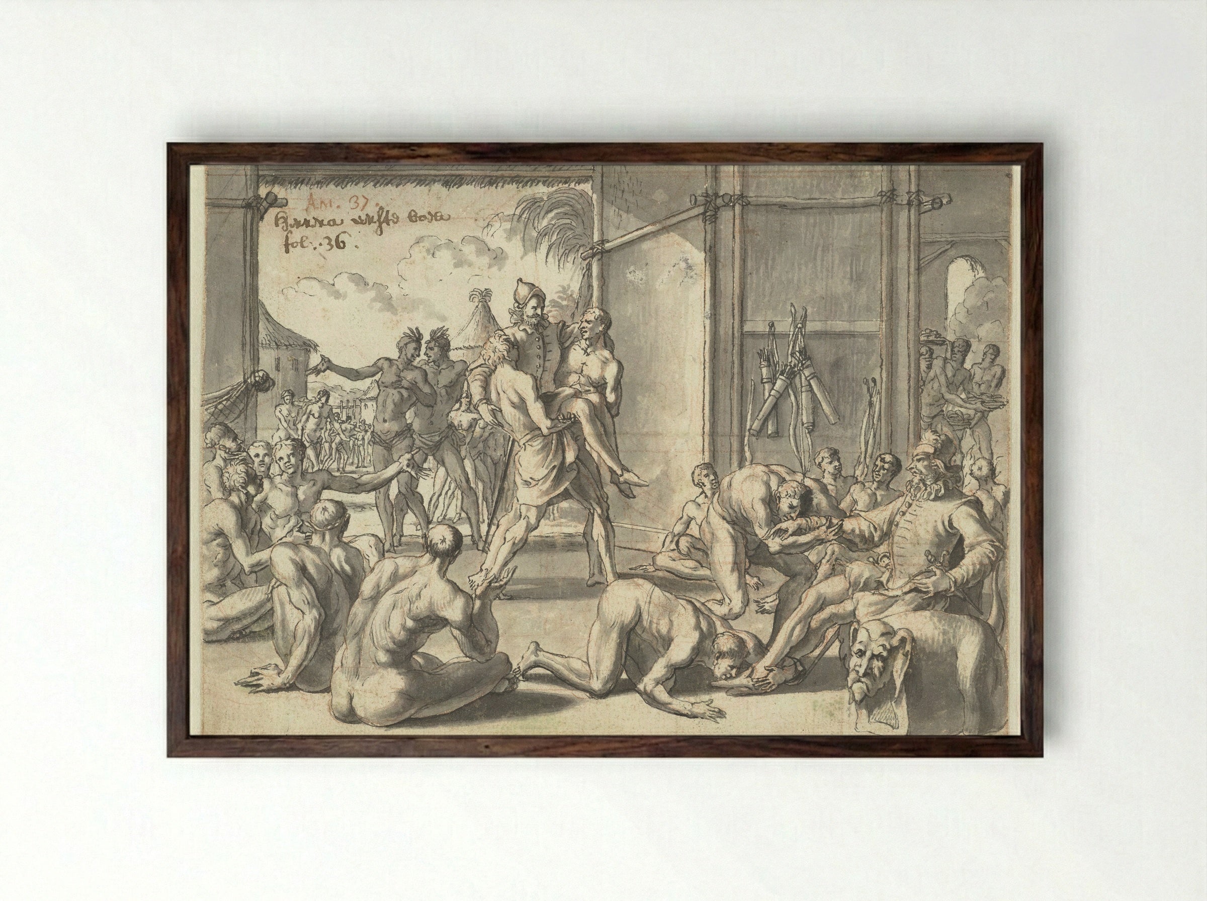 Christoffel Columbus wordt ontvangen door oorspronkelijke Amerikanen - Jan Goeree - Framed Print Dark Wood