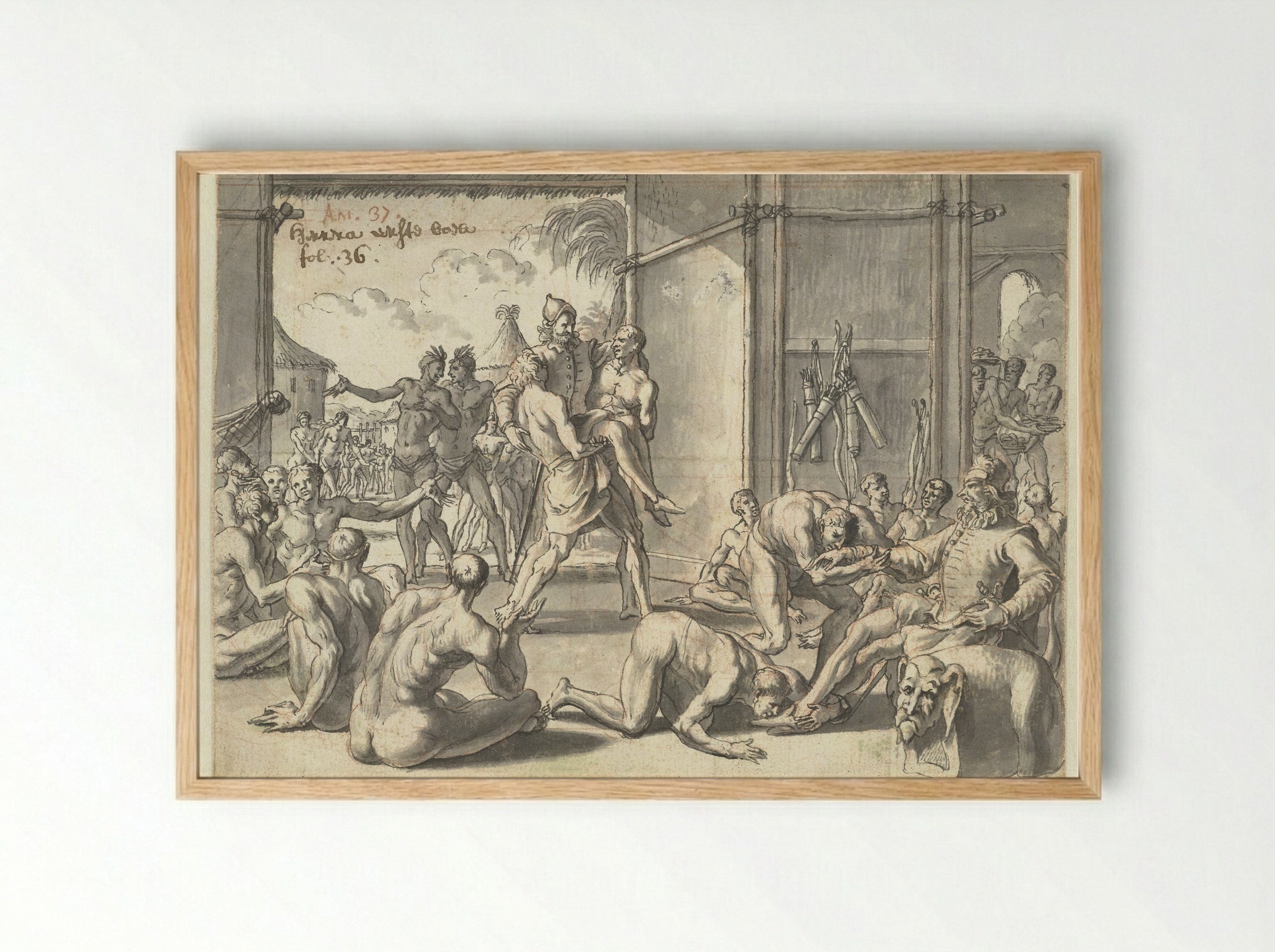 Christoffel Columbus wordt ontvangen door oorspronkelijke Amerikanen - Jan Goeree - Framed Print Wood