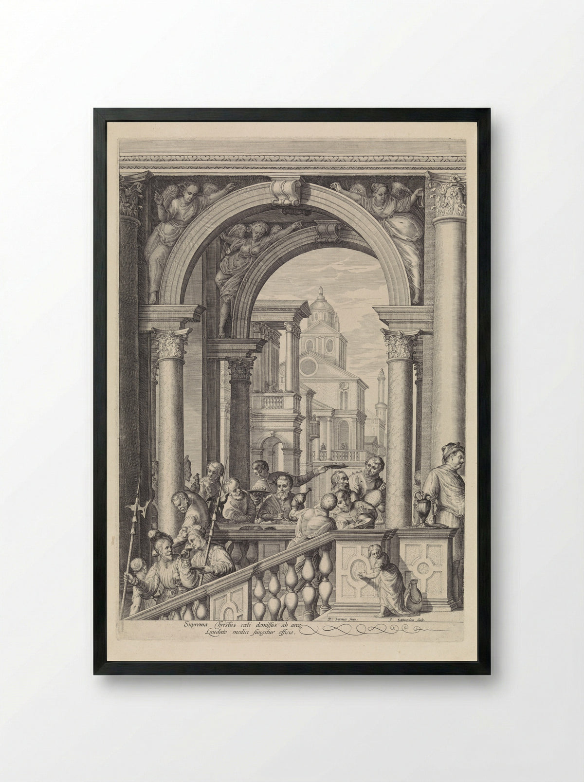 Christus aan de maaltijd in het huis van Levi de Tollenaar (plaat 1) - Cornelius Schonaeus - Framed Print Black