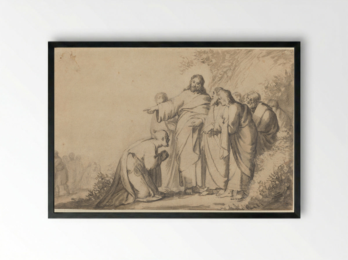 Christus met een knielende man en zijn discipelen - Jacob Hogers - Framed Print Black