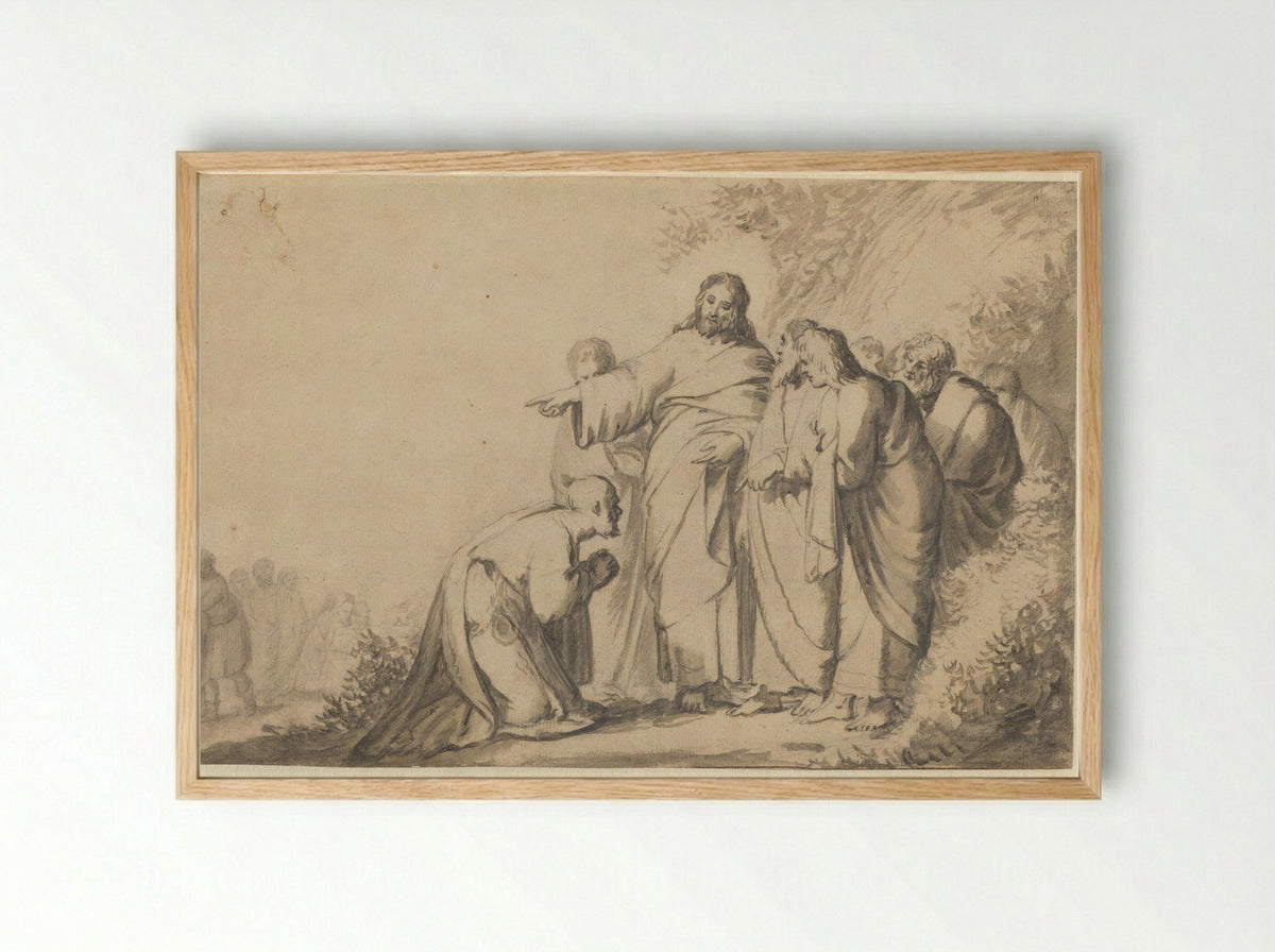Christus met een knielende man en zijn discipelen - Jacob Hogers - Framed Print Wood
