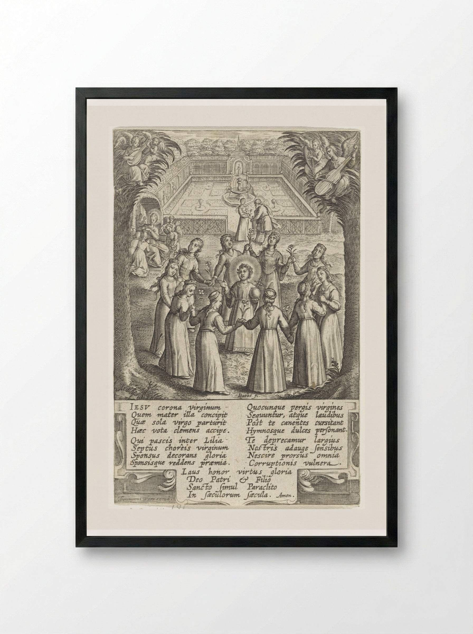 Christuskind omringd door maagden - Hieronymus Wierix - Framed Print Black