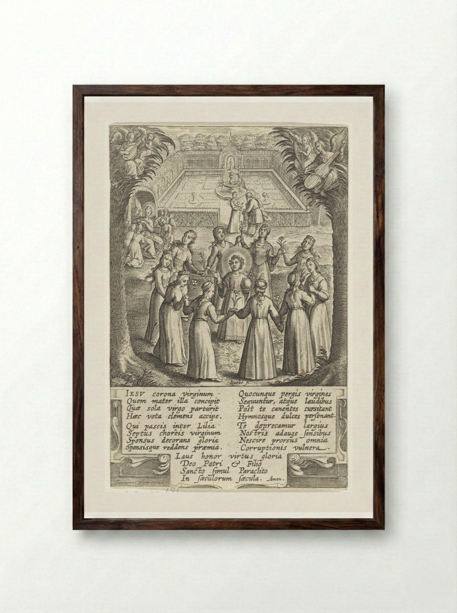 Christuskind omringd door maagden - Hieronymus Wierix - Framed Print Dark Wood
