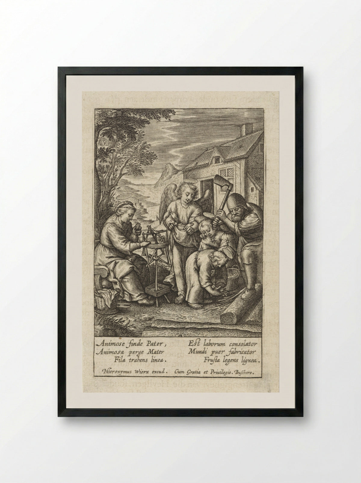Christuskind raapt houtsnippers op - Hieronymus Wierix - Framed Print Black