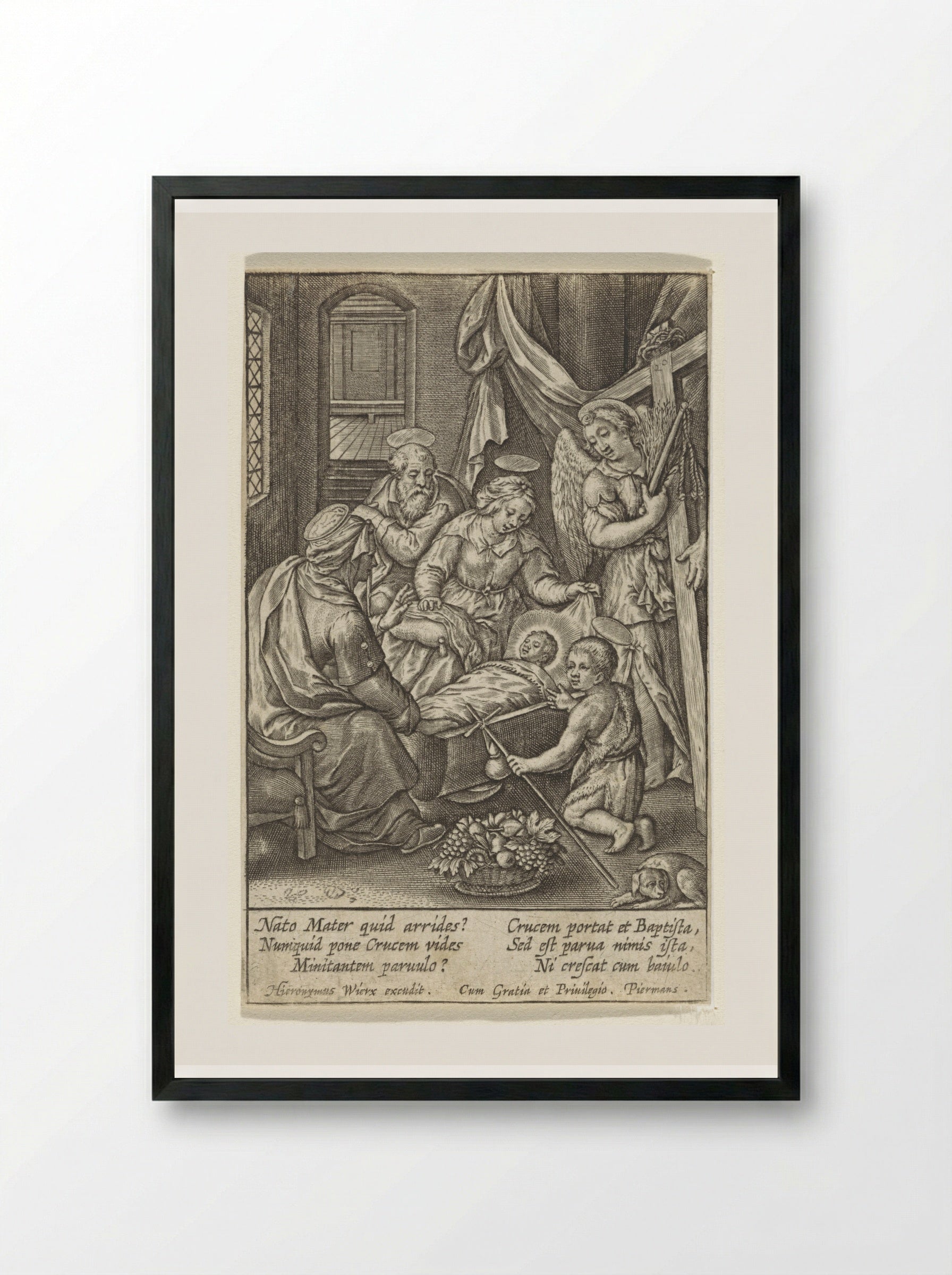 Christuskind slaapt in de wieg - Hieronymus Wierix - Framed Print Black