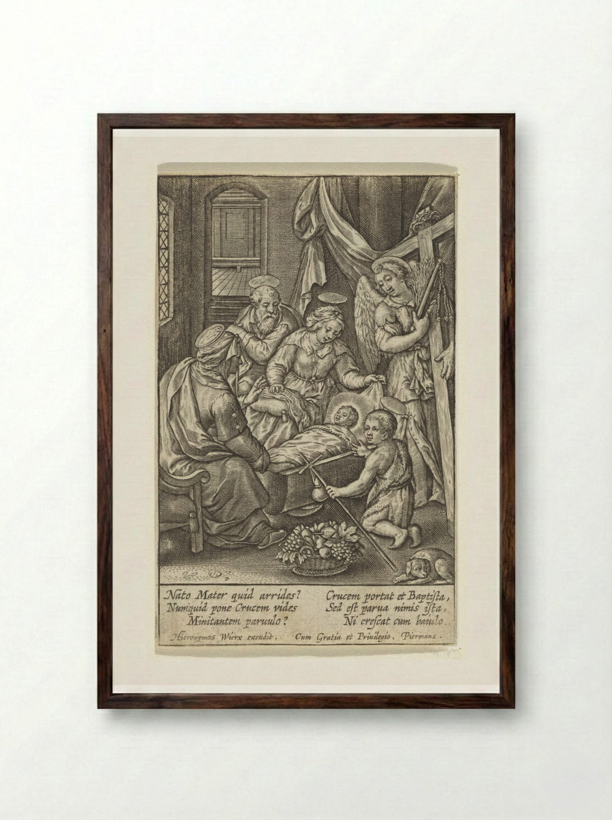 Christuskind slaapt in de wieg - Hieronymus Wierix - Framed Print Dark Wood