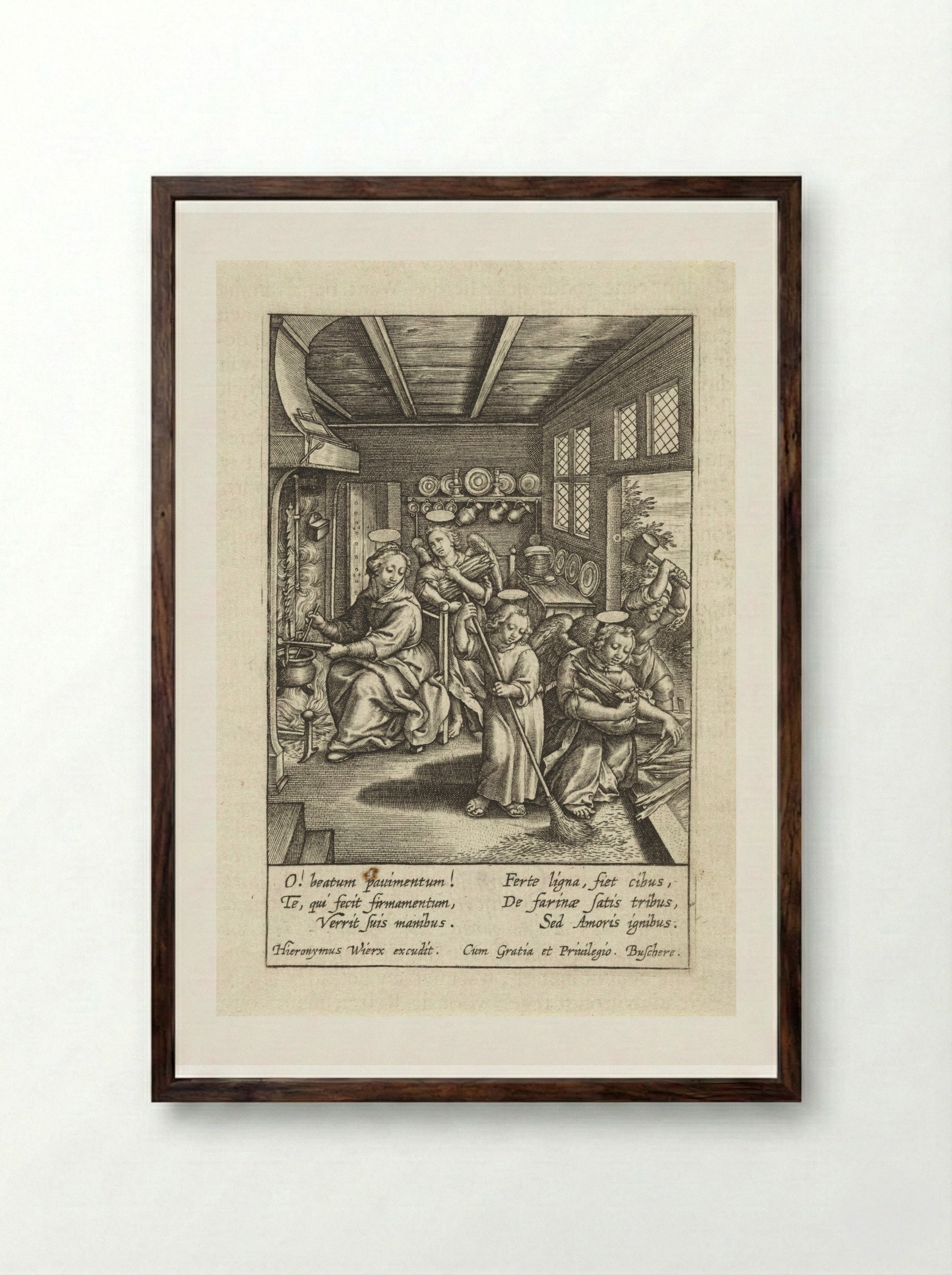 Christuskind veegt de vloer - Hieronymus Wierix - Framed Print Dark Wood