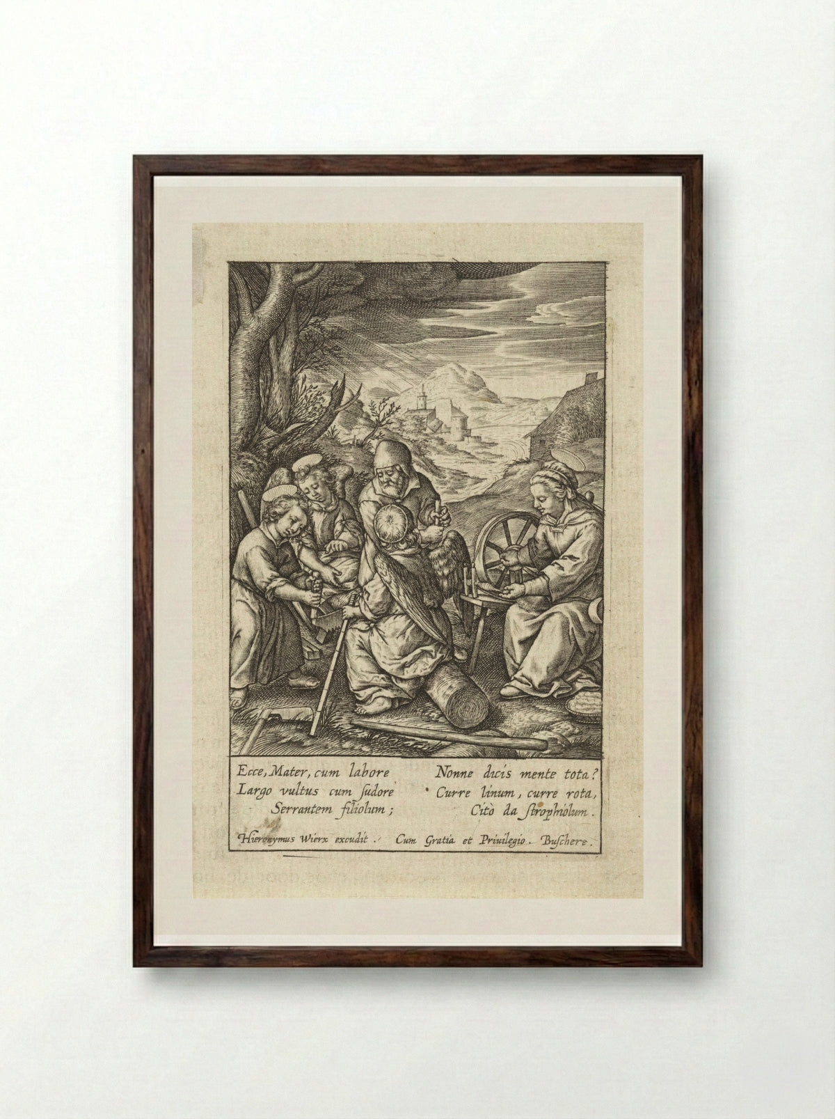 Christuskind zaagt een boomstam - Hieronymus Wierix - Framed Print Dark Wood