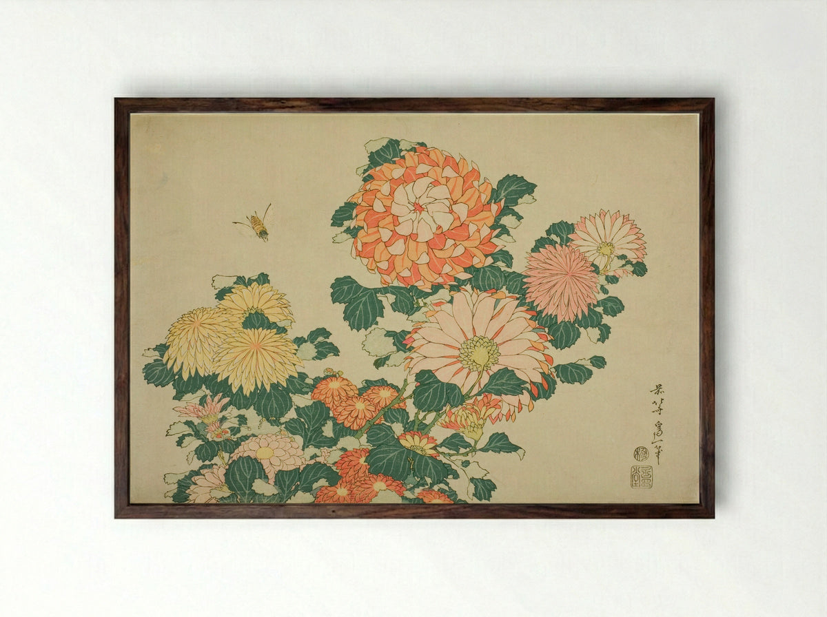 Chrysanthemum and Horsefly - Katsushika Hokusai - Framed Print Dark Wood