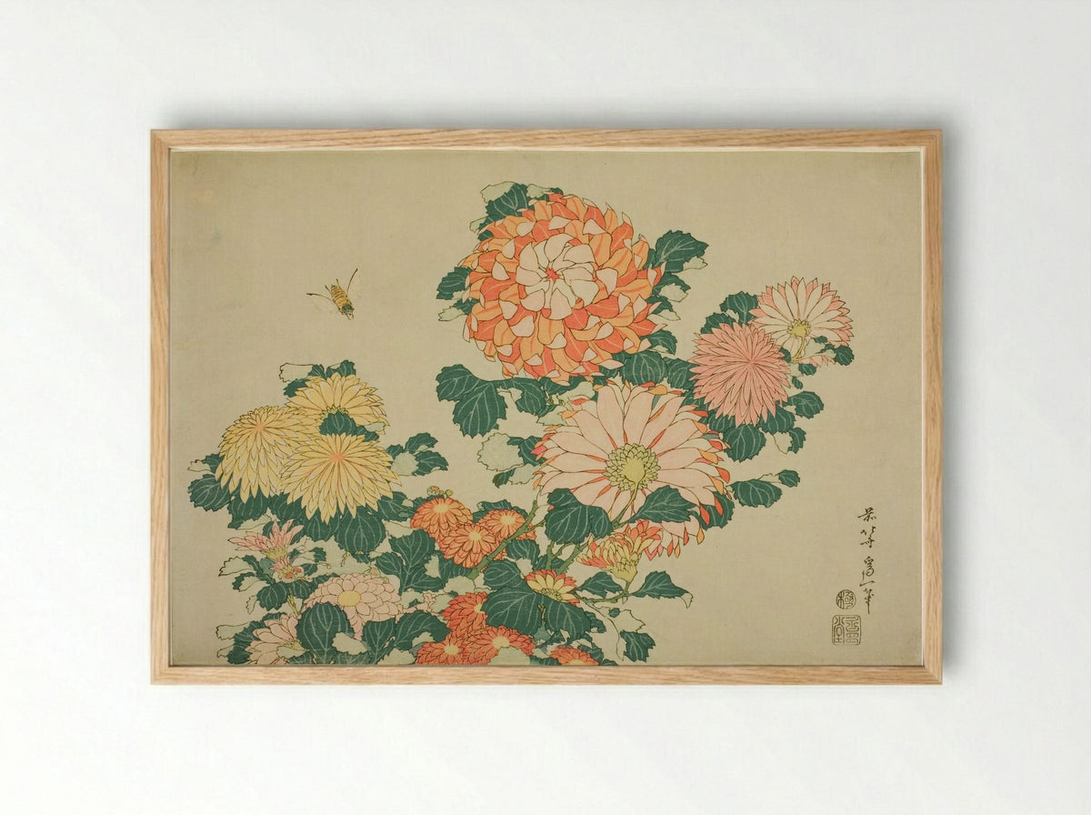 Chrysanthemum and Horsefly - Katsushika Hokusai - Framed Print Wood
