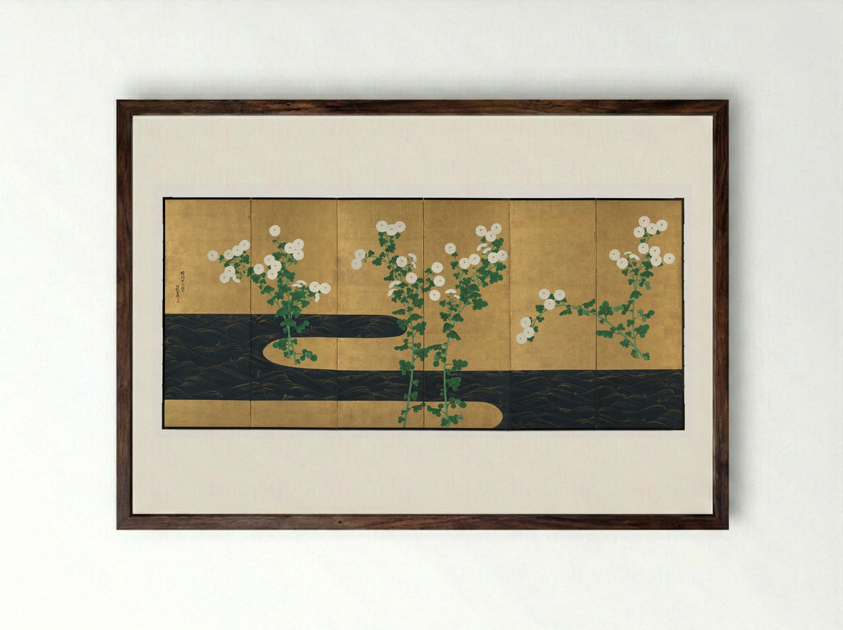 Chrysanthemums by a Stream - Ogata Kōrin - Framed Print Dark Wood