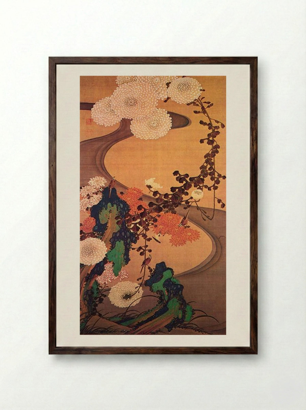 Chrysanthemums by a stream, with rocks - Ito Jakuchu - Framed Print Dark Wood