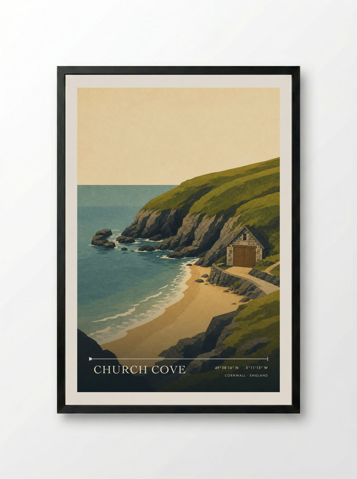Church Cove Cornwall England Travel Poster - Framed Print Black