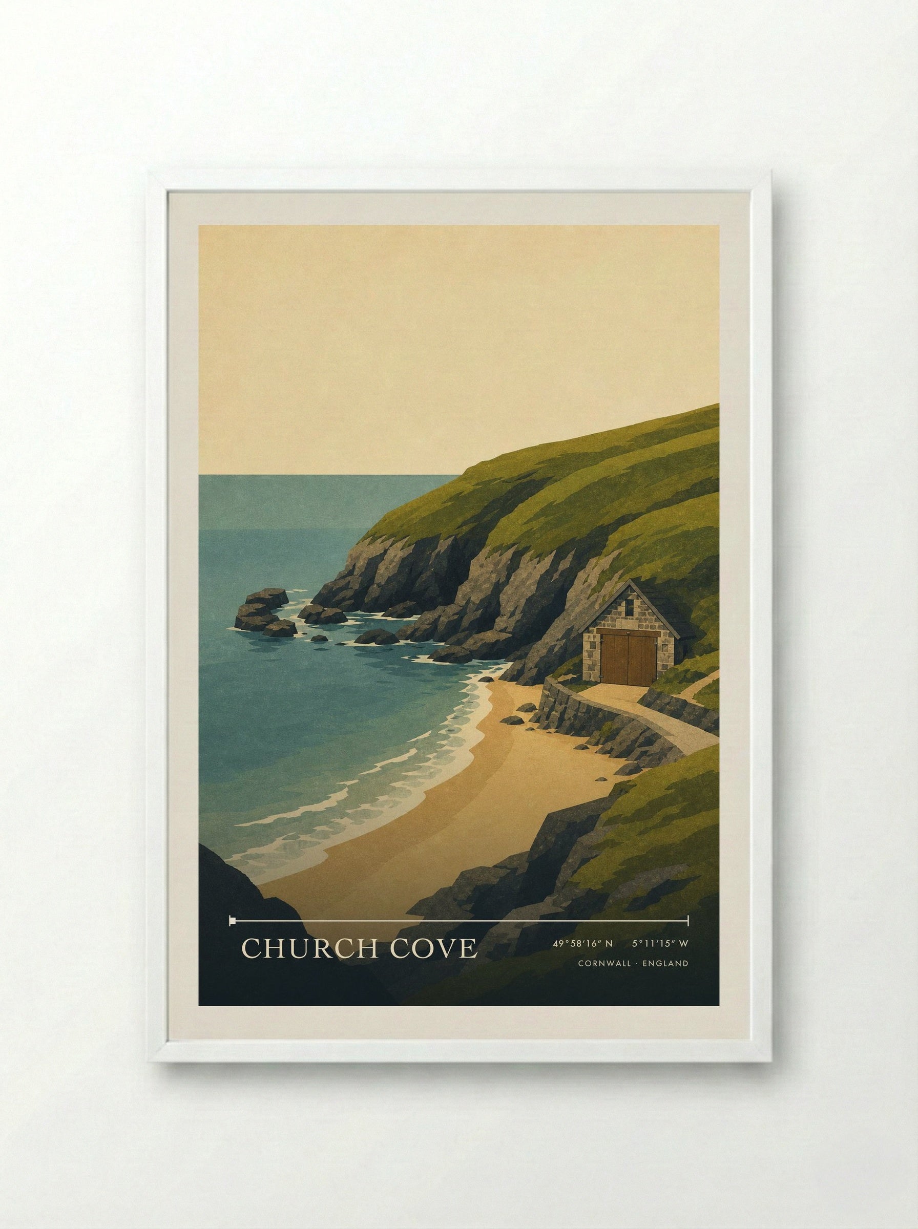 Church Cove Cornwall England Travel Poster - Framed Print White