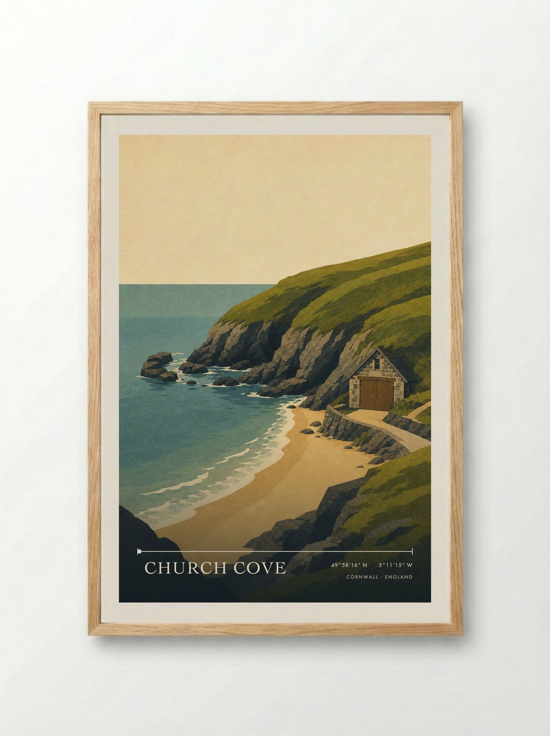 Church Cove Cornwall England Travel Poster - Framed Print Wood