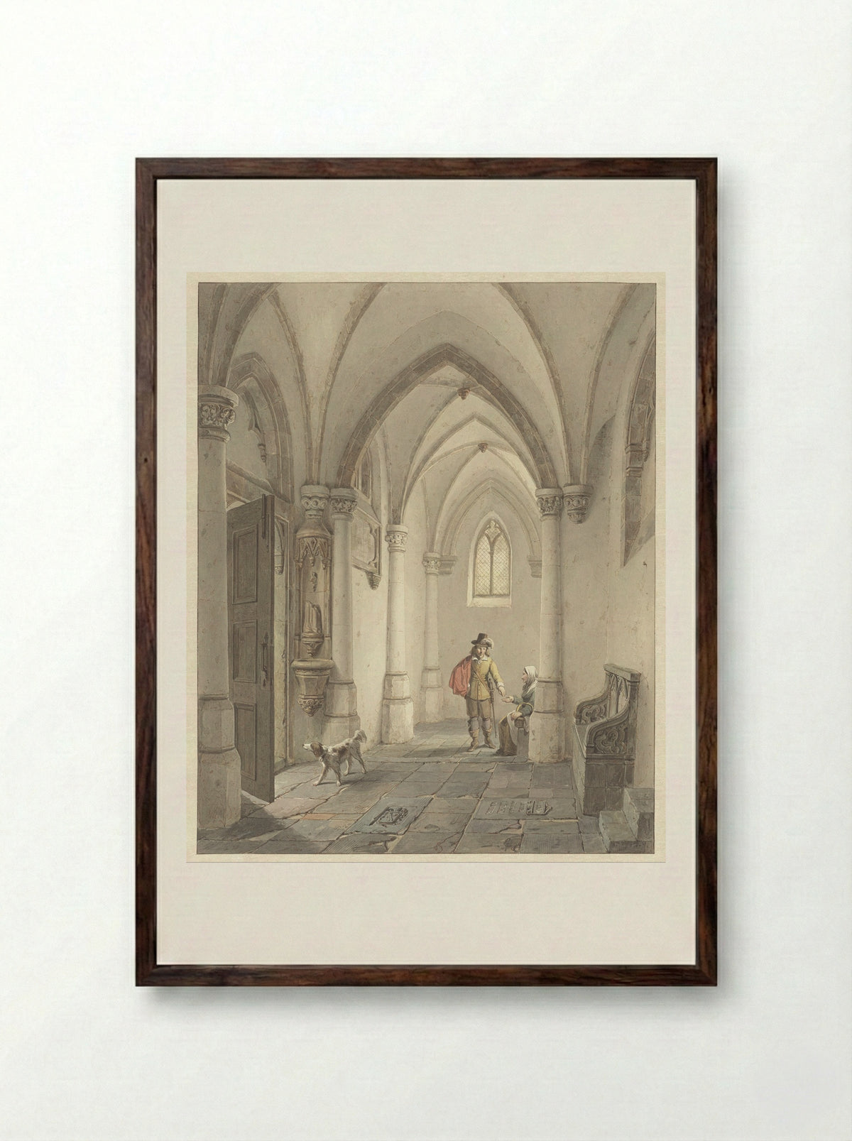 Church Interior with a Man Giving Alms to a Beggar - George Gillis Haanen - Framed Print Dark Wood