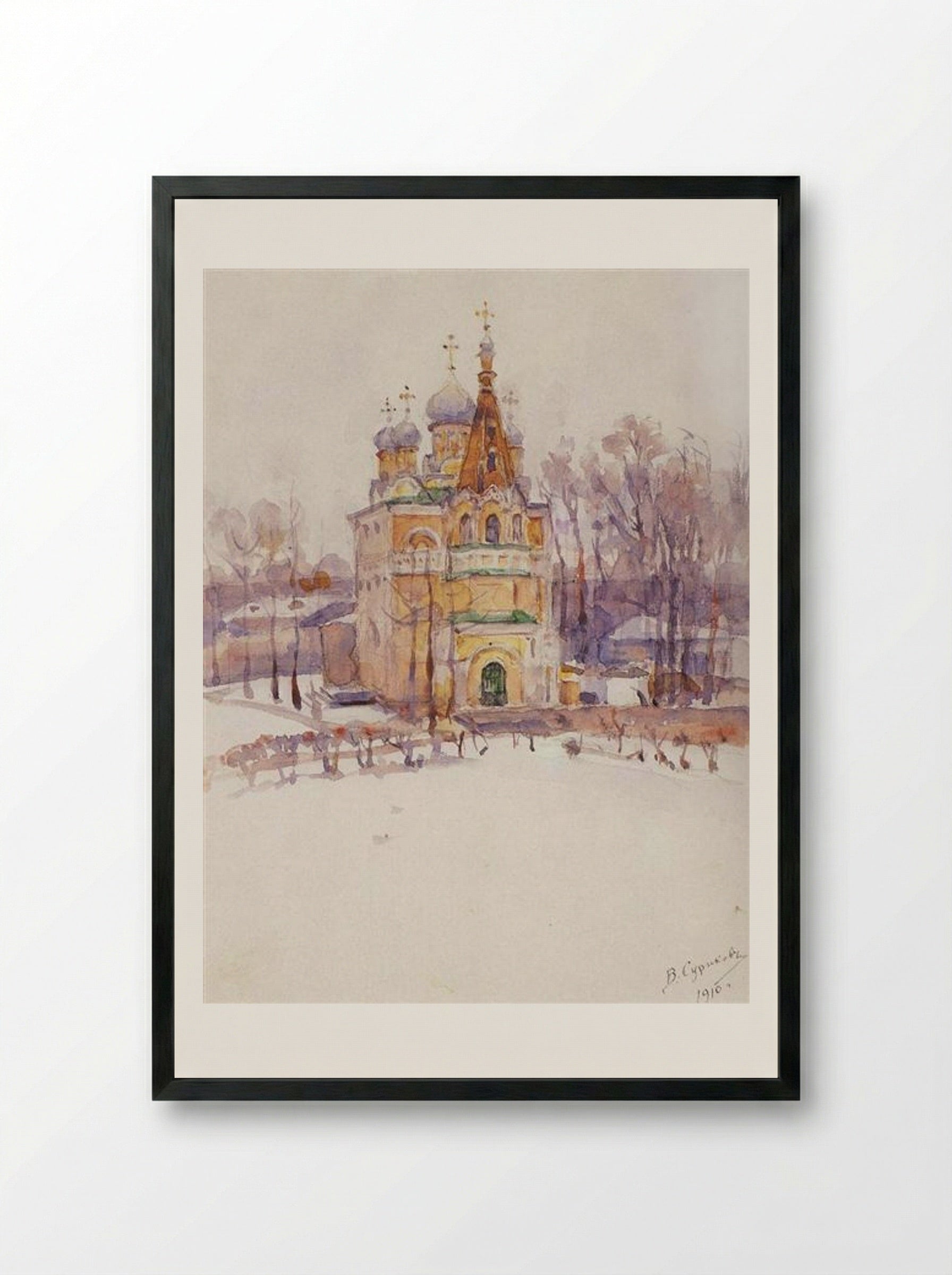 Church in Winter - Vasily Surikov - Framed Print Black