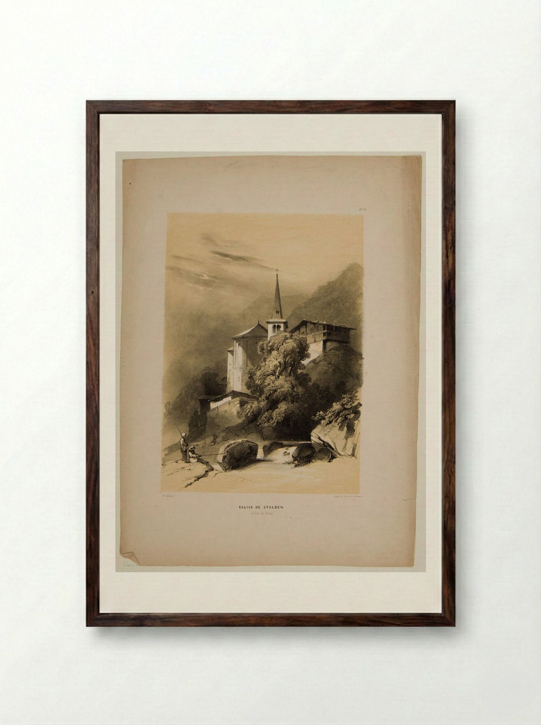 Church of Stalden, Viege Valley - Alexandre Calame - Framed Print Dark Wood