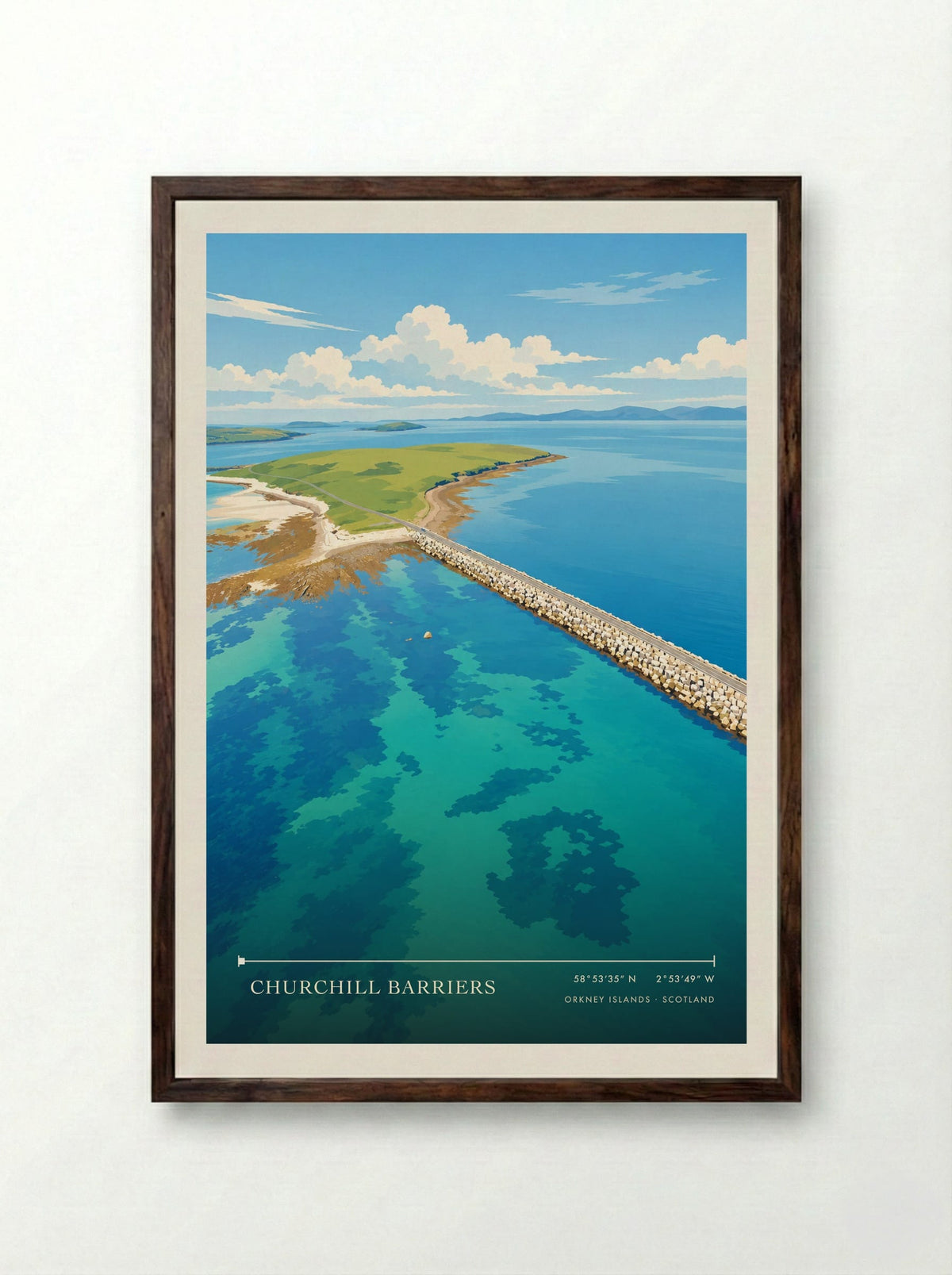 Churchill Barriers, Orkney Islands | Travel Poster - Framed Print Dark Wood