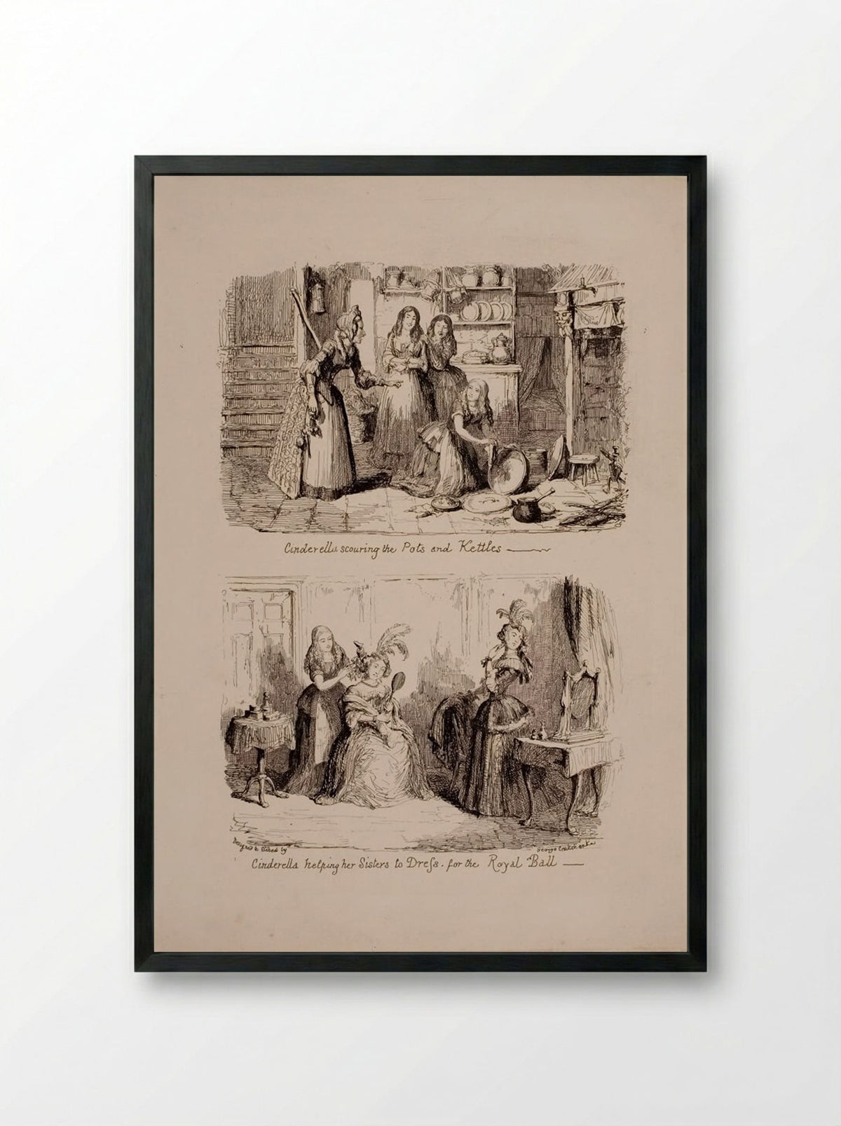 Cinderella Scouring the Pots and Helping her Sisters to Dress - George Cruikshank - Framed Print Black