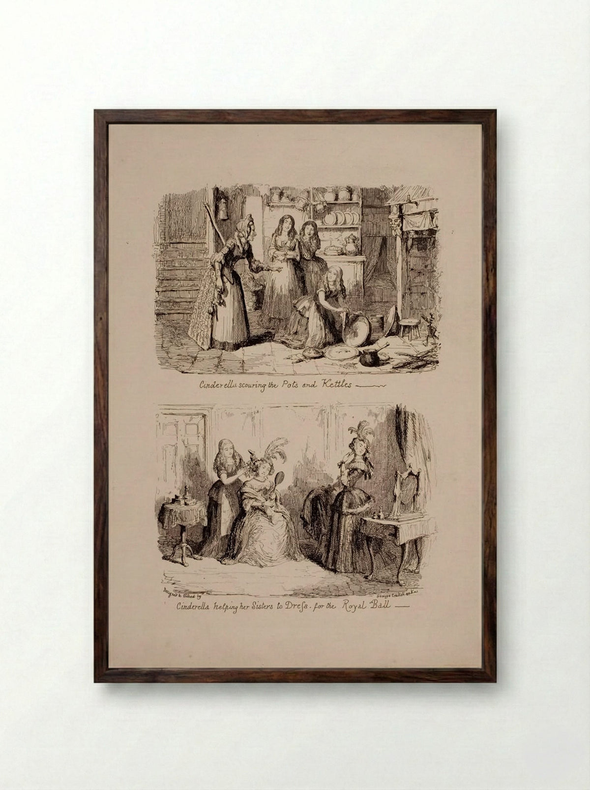 Cinderella Scouring the Pots and Helping her Sisters to Dress - George Cruikshank - Framed Print Dark Wood