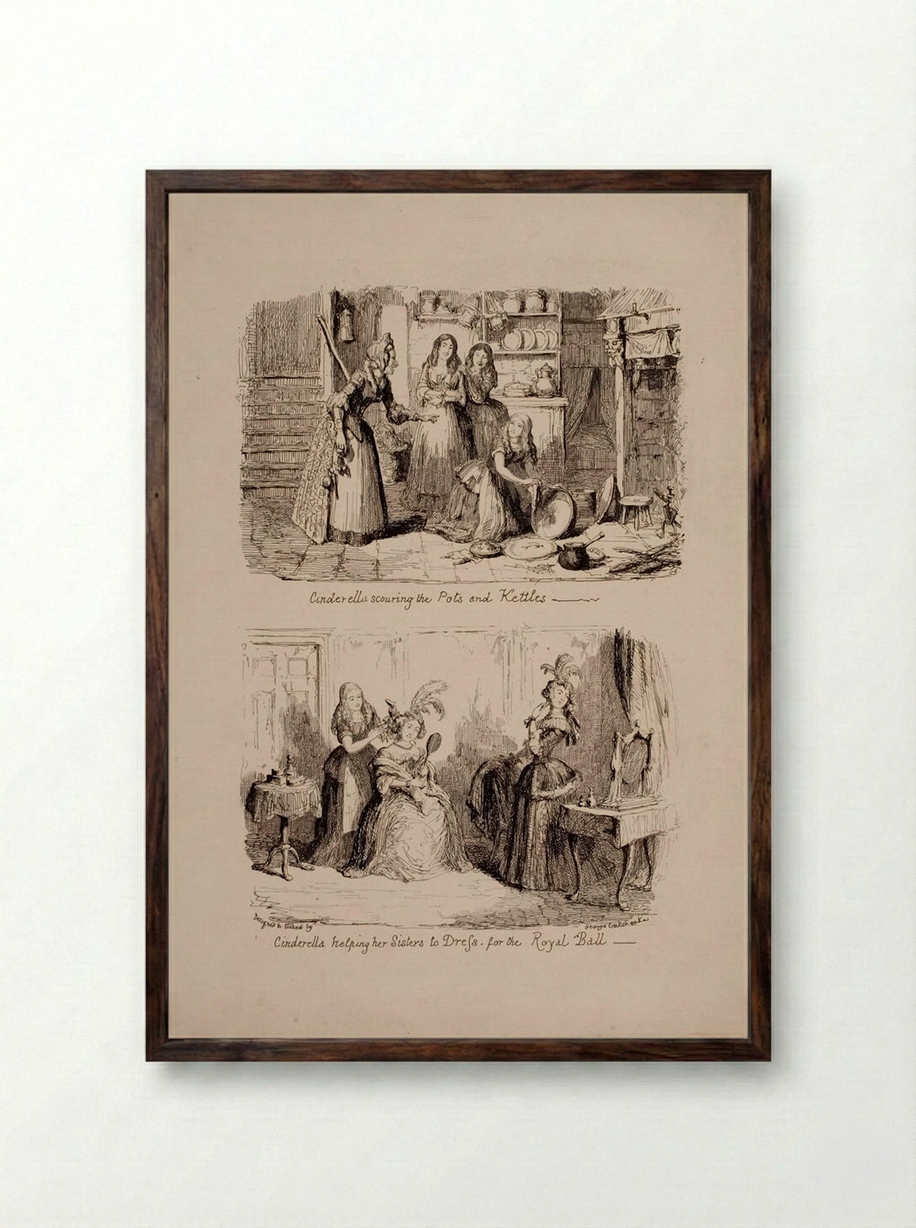 Cinderella Scouring the Pots and Helping her Sisters to Dress - George Cruikshank - Framed Print Dark Wood