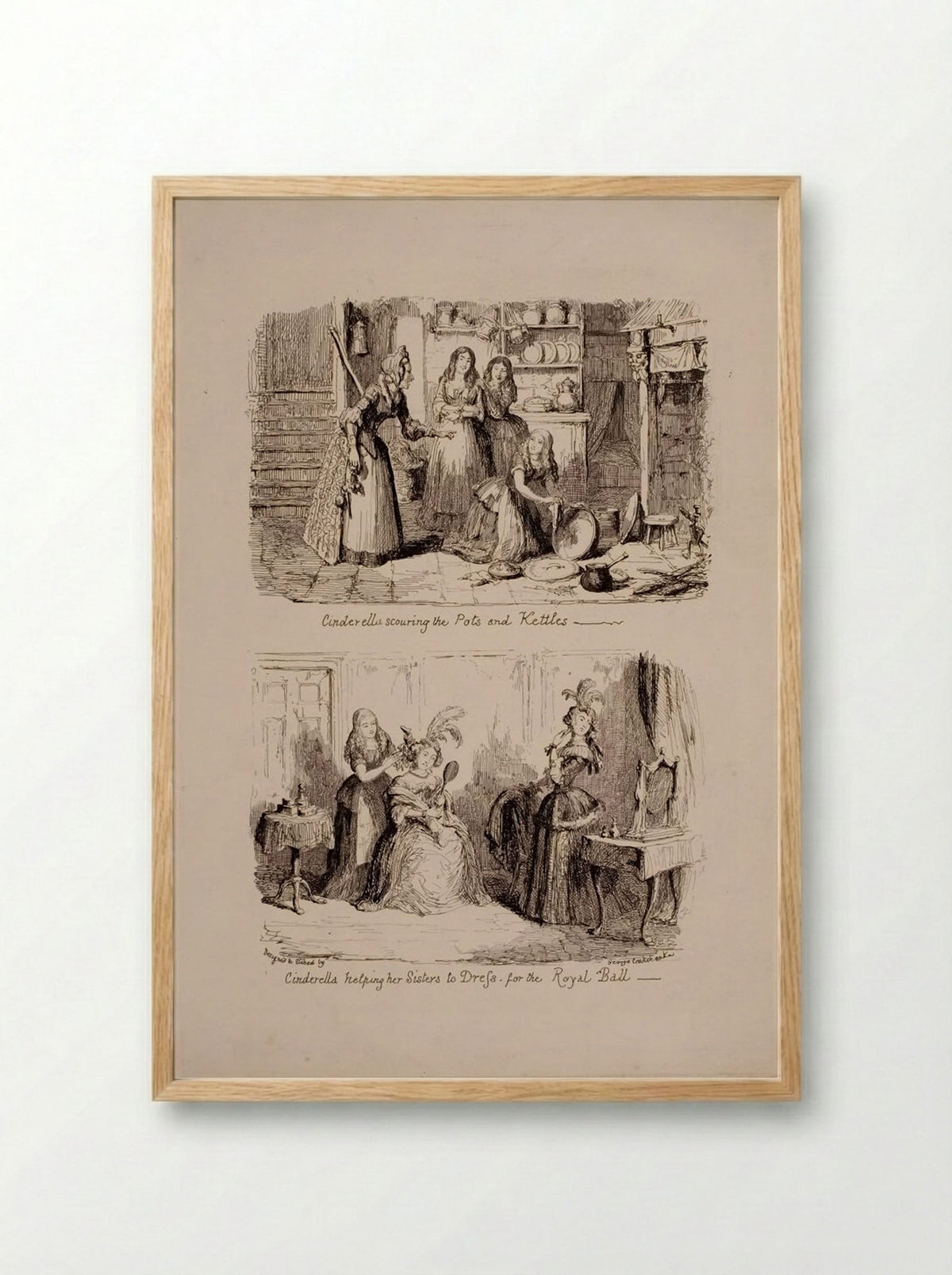 Cinderella Scouring the Pots and Helping her Sisters to Dress - George Cruikshank - Framed Print Wood