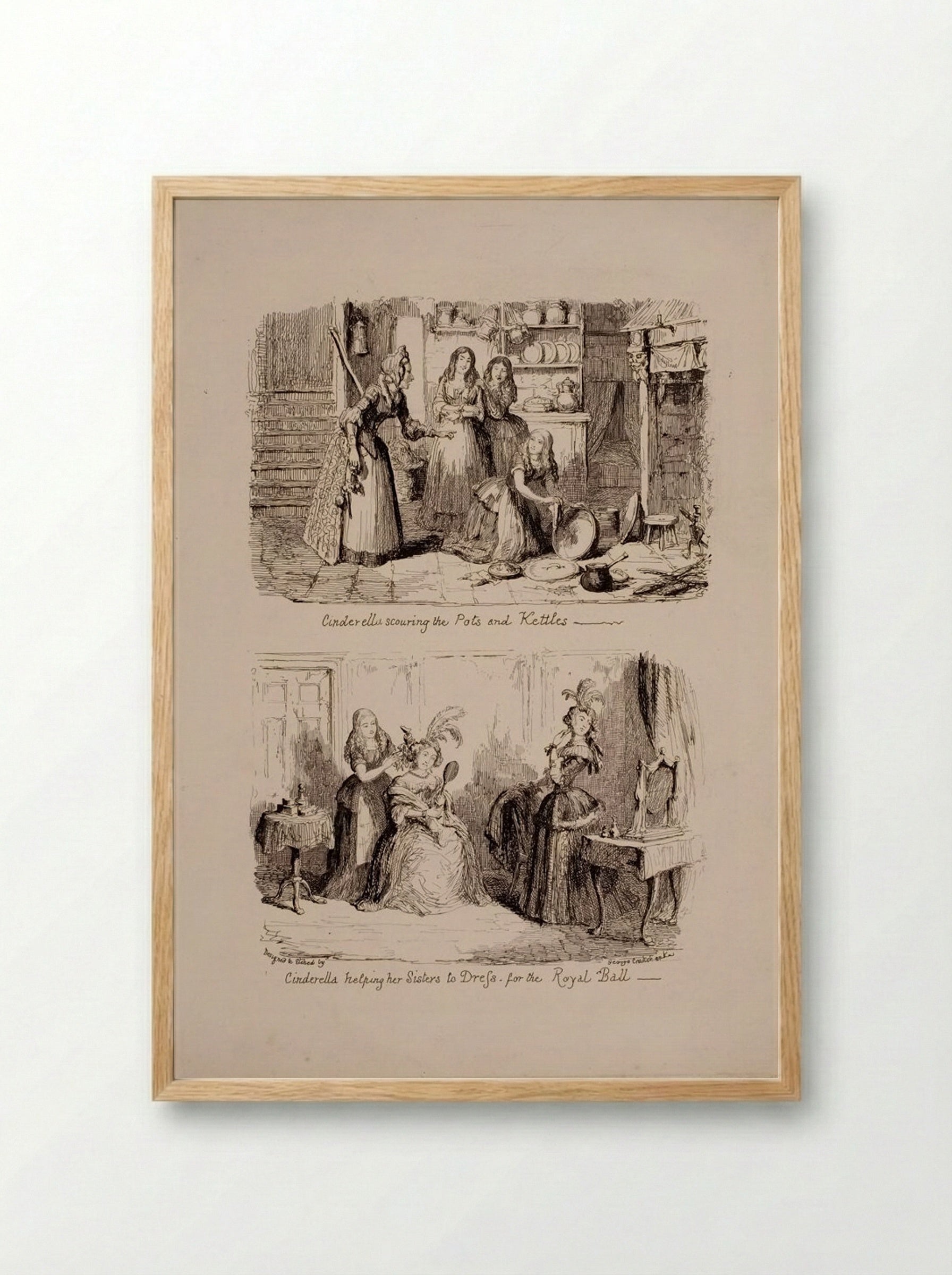 Cinderella Scouring the Pots and Helping her Sisters to Dress - George Cruikshank - Framed Print Wood