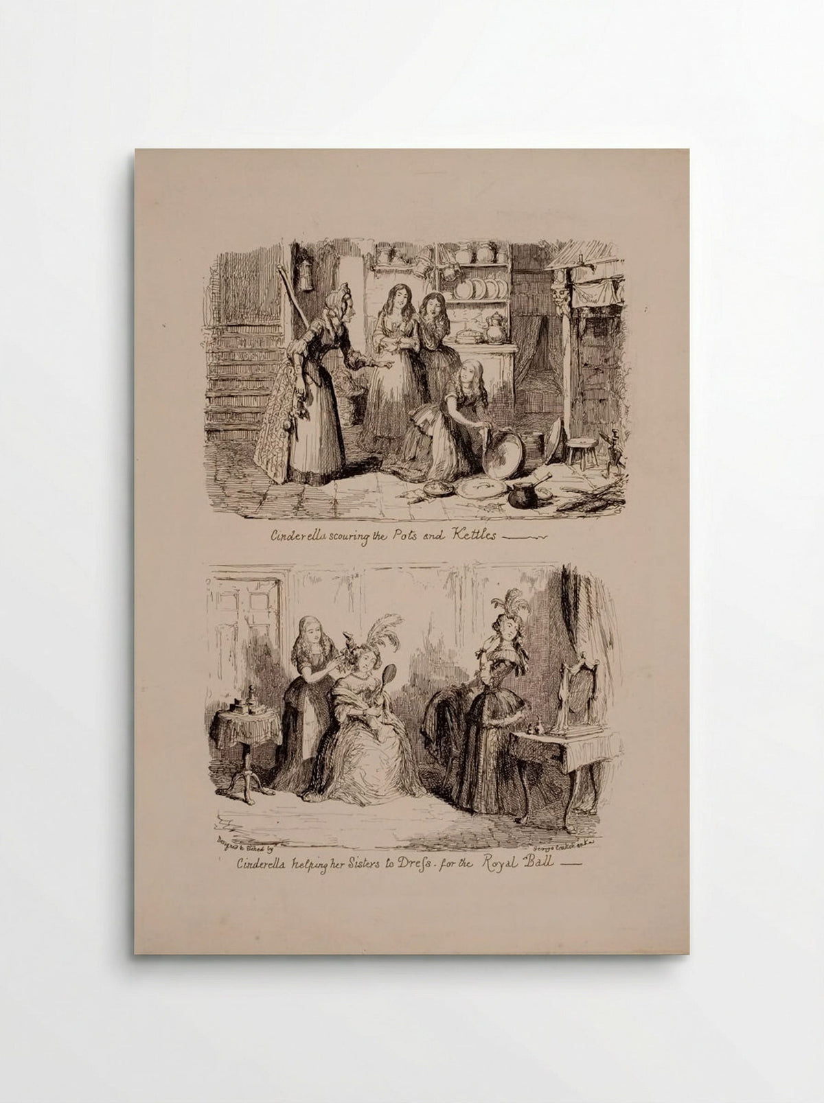 Cinderella Scouring the Pots and Helping her Sisters to Dress - George Cruikshank - Poster