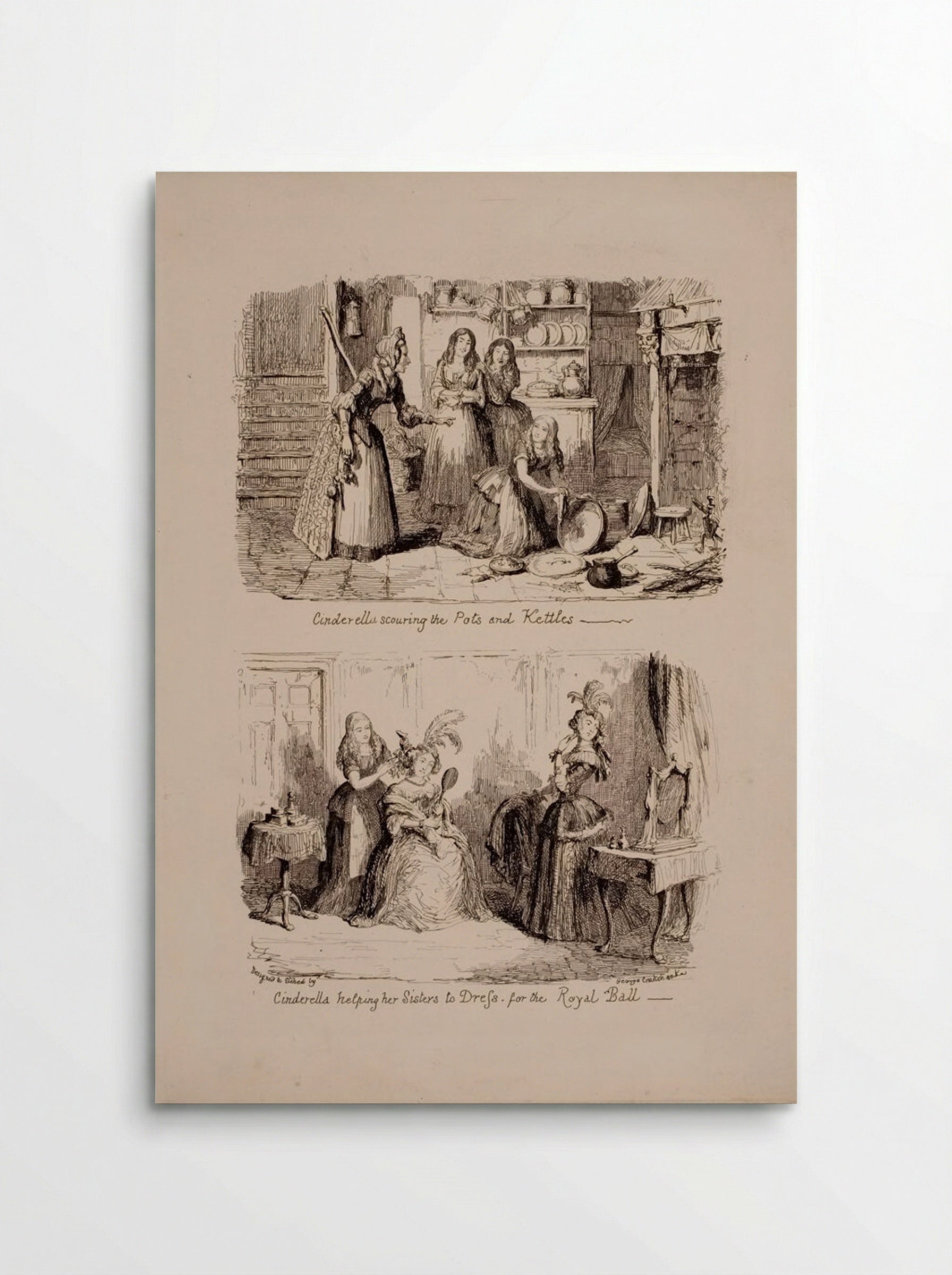 Cinderella Scouring the Pots and Helping her Sisters to Dress - George Cruikshank - Poster