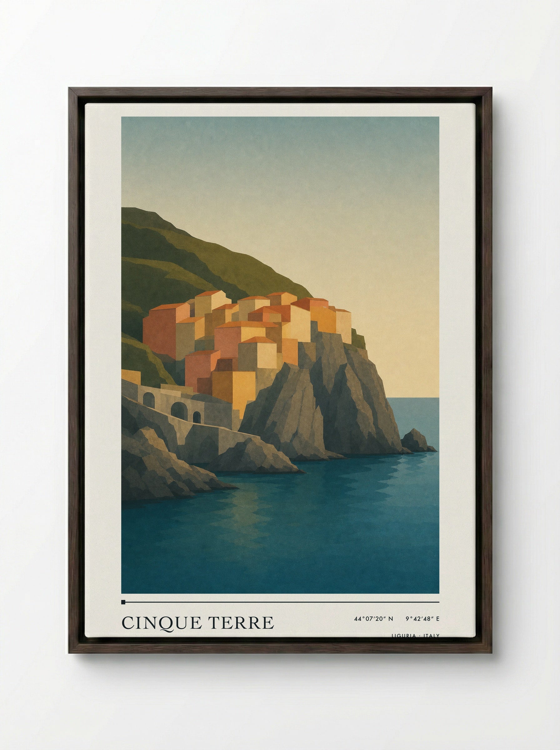 Cinque Terre Travel Poster Artwork - Framed Canvas Dark Wood
