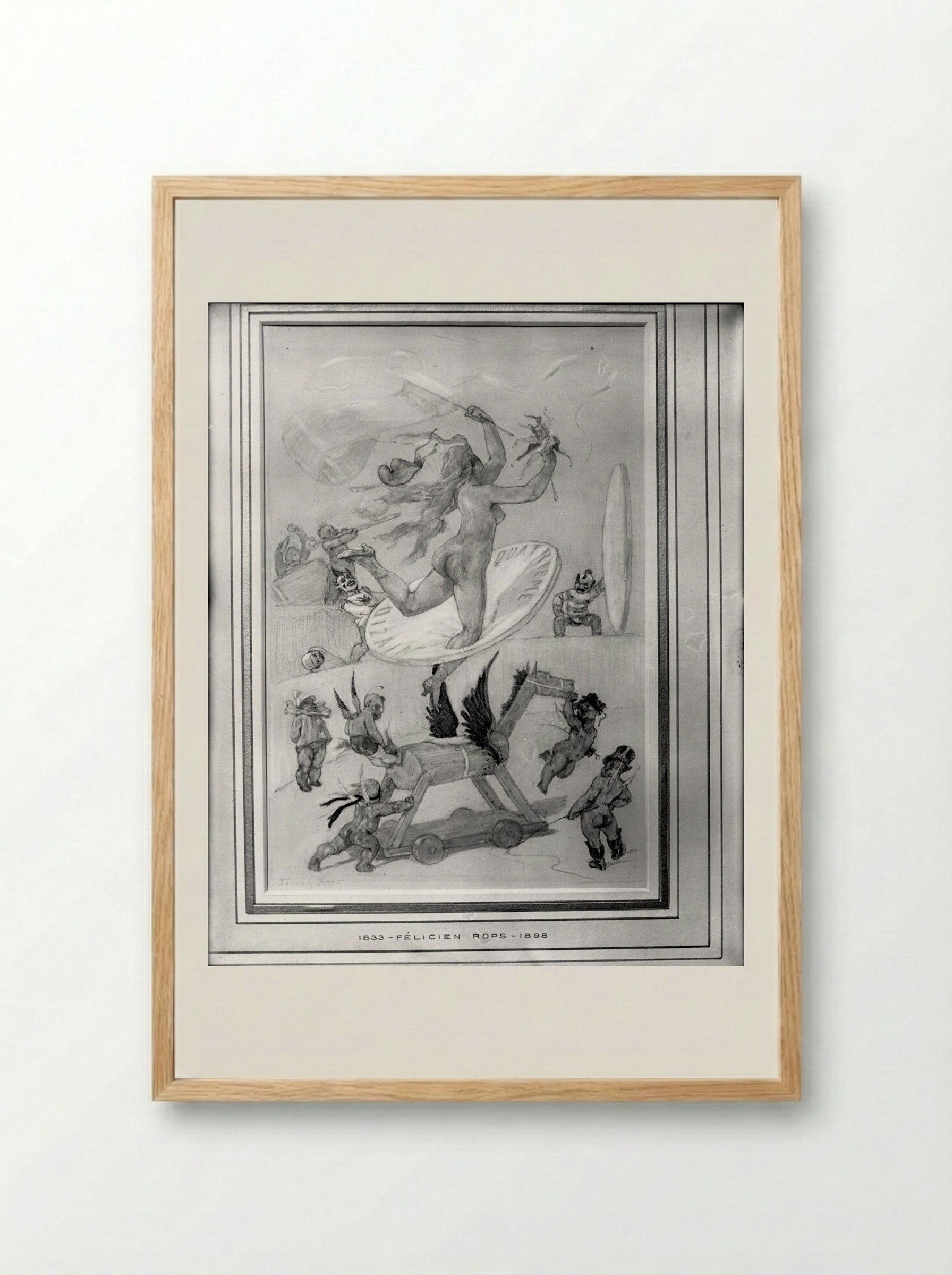 Circus Scene: Nude Woman Jumping through Paper Hoop - Félicien Rops - Framed Print Wood