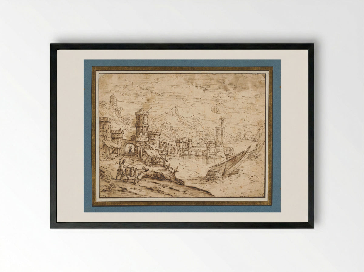 City by a Bay with Galleys Departing - Tobias Verhaecht - Framed Print Black