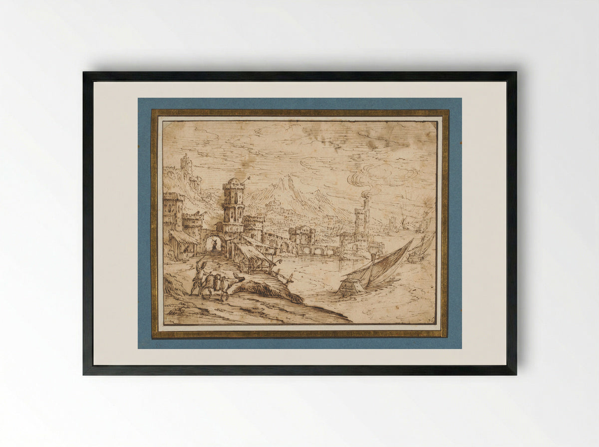 City by a Bay with Galleys Departing - Tobias Verhaecht - Framed Print Black