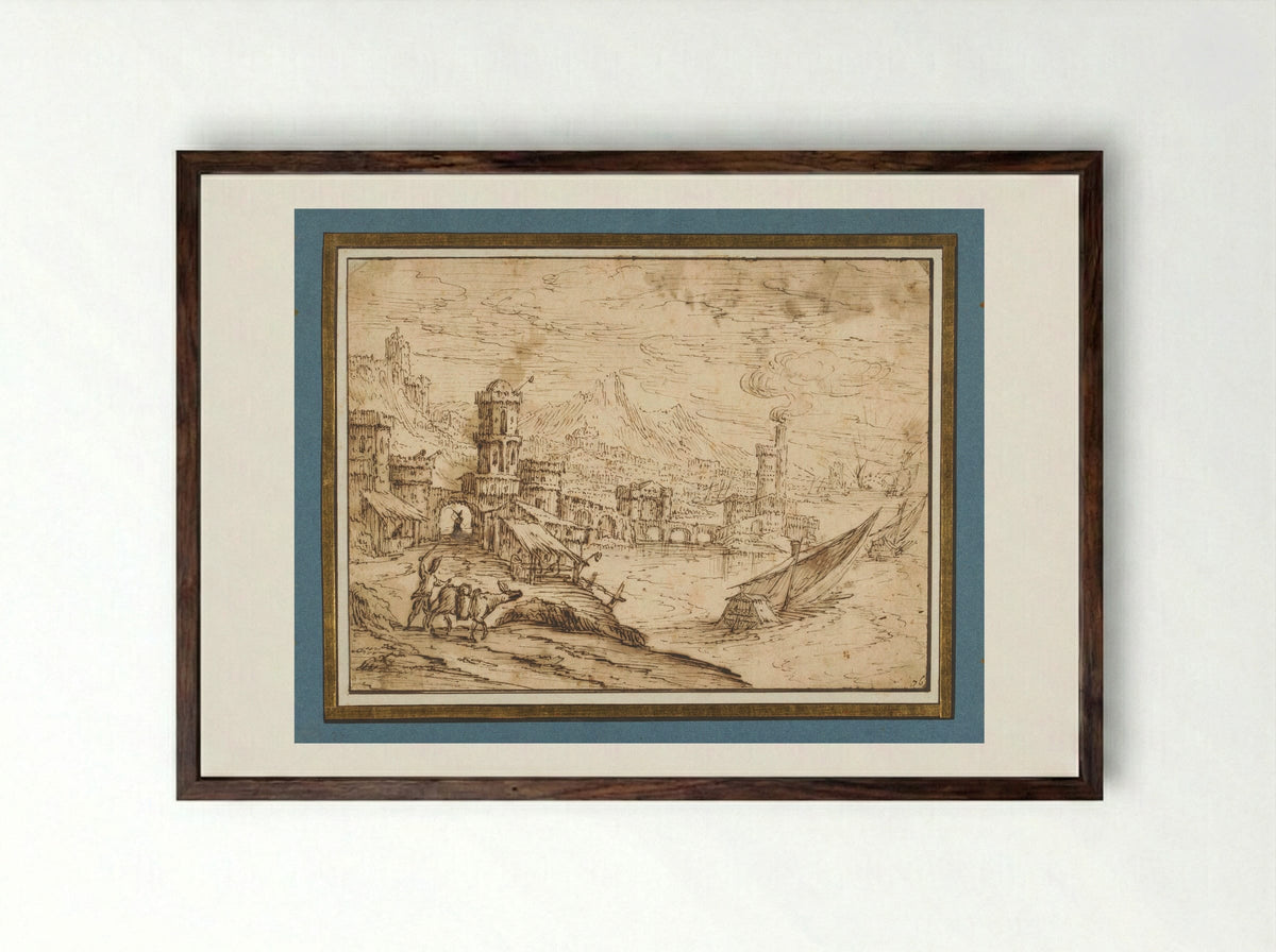 City by a Bay with Galleys Departing - Tobias Verhaecht - Framed Print Dark Wood