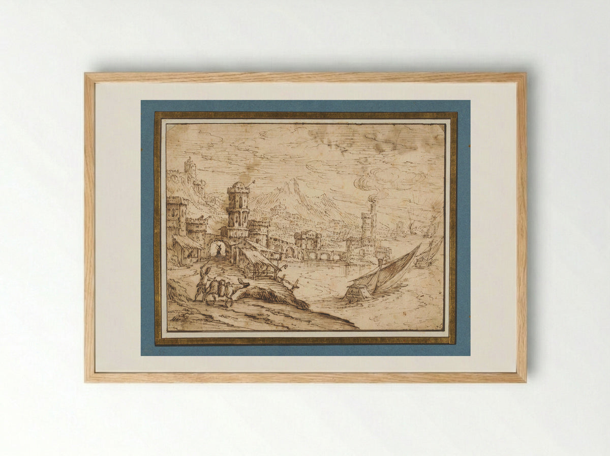 City by a Bay with Galleys Departing - Tobias Verhaecht - Framed Print Wood